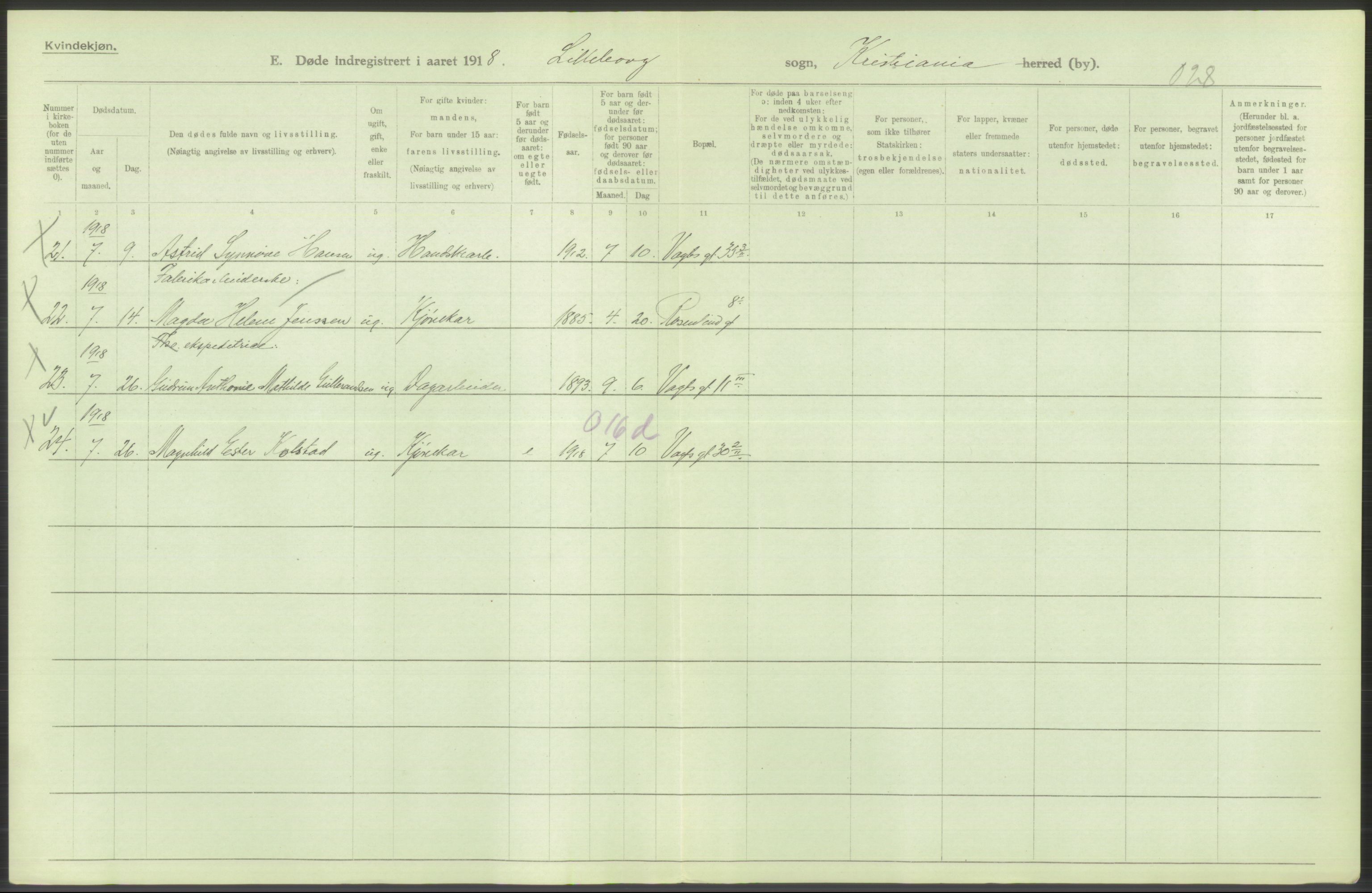 Statistisk sentralbyrå, Sosiodemografiske emner, Befolkning, AV/RA-S-2228/D/Df/Dfb/Dfbh/L0010: Kristiania: Døde, 1918, s. 464