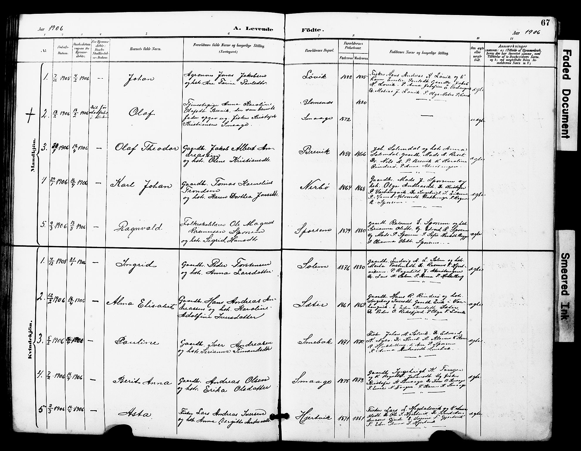 Ministerialprotokoller, klokkerbøker og fødselsregistre - Møre og Romsdal, SAT/A-1454/560/L0725: Klokkerbok nr. 560C02, 1895-1930, s. 67