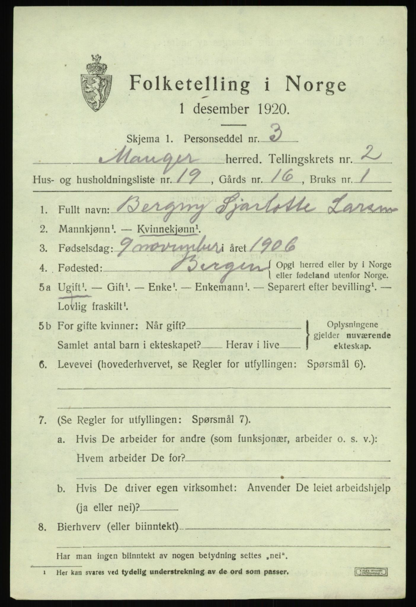 SAB, Folketelling 1920 for 1261 Manger herred, 1920, s. 2199