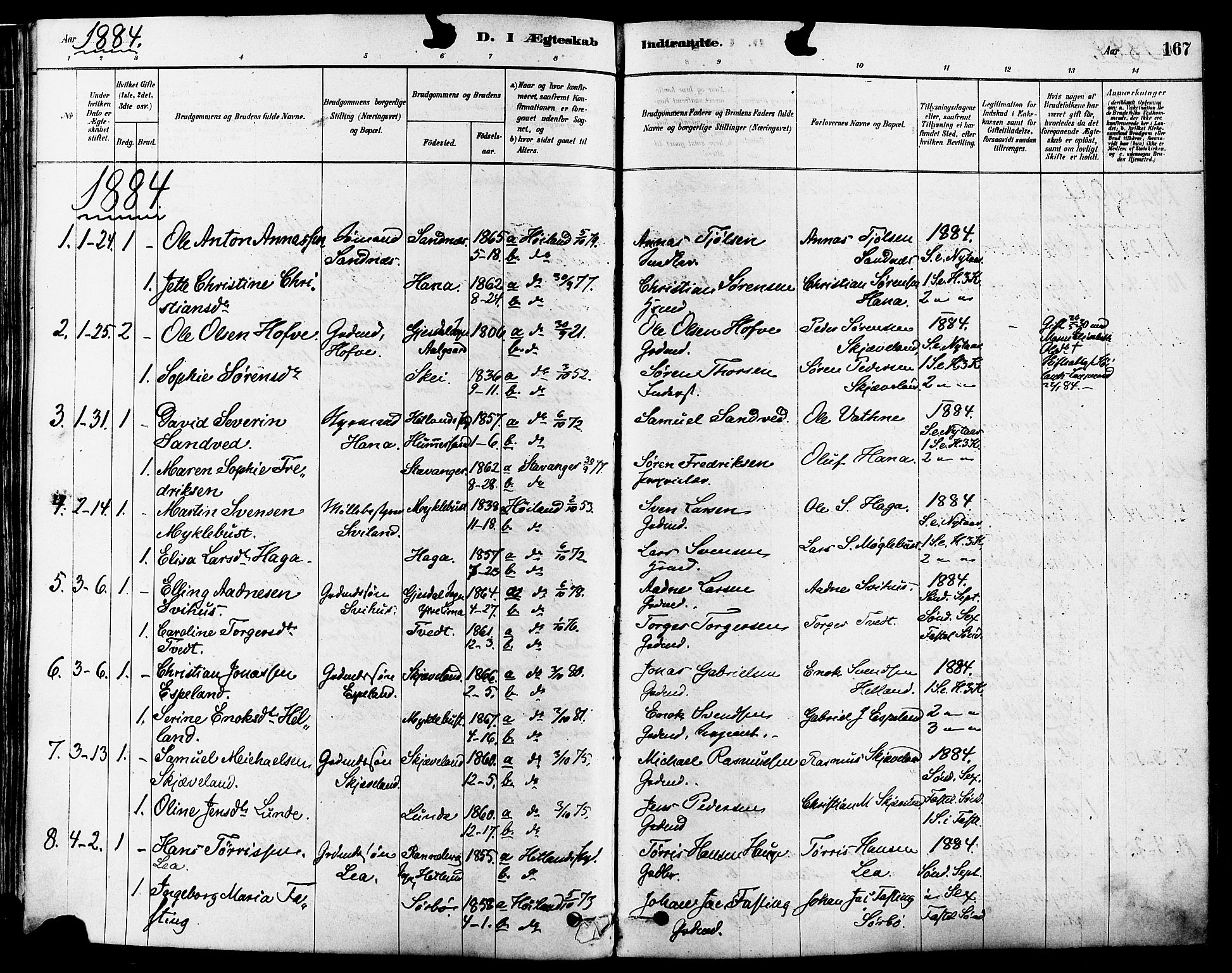 Høyland sokneprestkontor, AV/SAST-A-101799/001/30BA/L0011: Ministerialbok nr. A 10, 1878-1888, s. 167