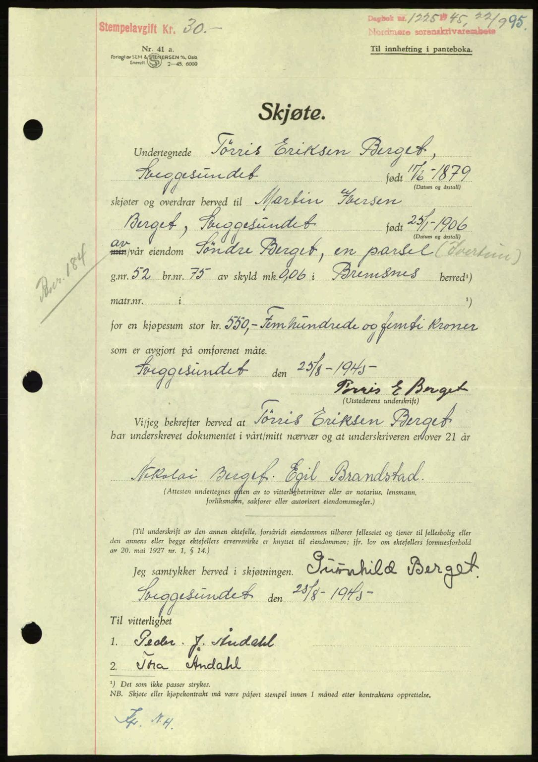 Nordmøre sorenskriveri, AV/SAT-A-4132/1/2/2Ca: Pantebok nr. A100a, 1945-1945, Dagboknr: 1225/1945