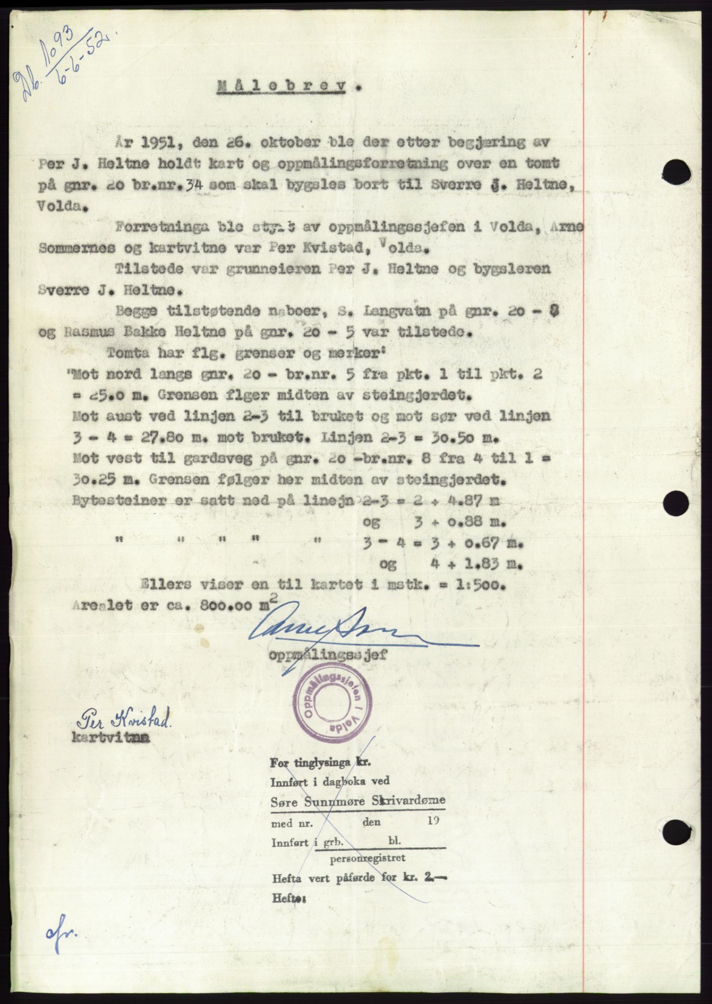 Søre Sunnmøre sorenskriveri, AV/SAT-A-4122/1/2/2C/L0092: Pantebok nr. 18A, 1952-1952, Dagboknr: 1093/1952