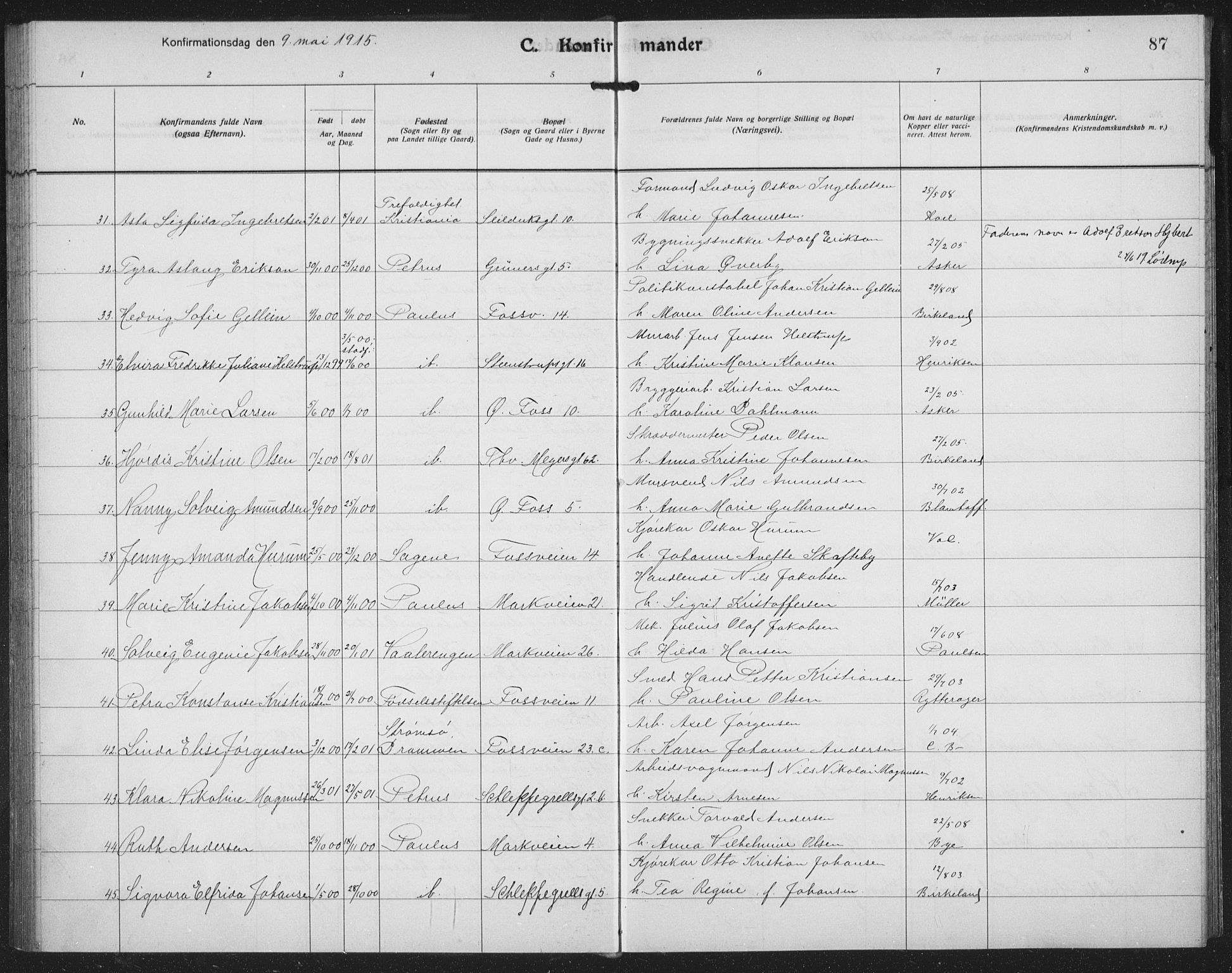Paulus prestekontor Kirkebøker, AV/SAO-A-10871/F/Fa/L0022: Ministerialbok nr. 22, 1912-1920, s. 87