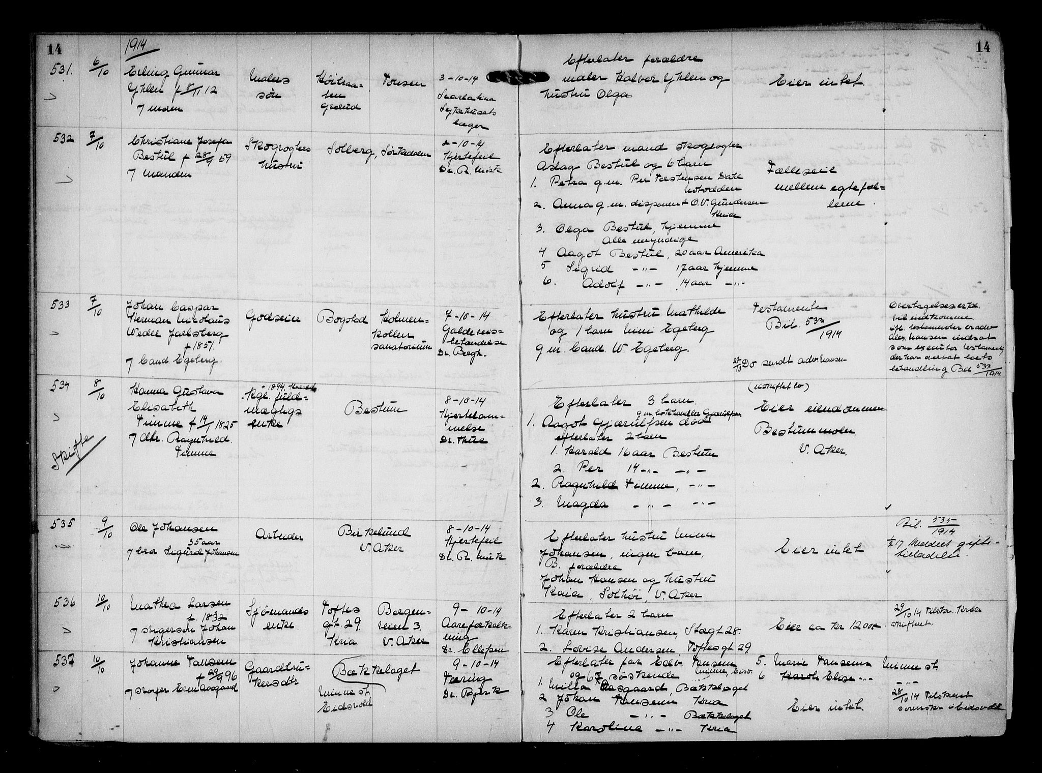 Aker kriminaldommer, skifte- og auksjonsforvalterembete, SAO/A-10452/H/Hb/Hba/Hbaa/L0004: Dødsfallsprotokoll, 1914-1918, s. 14