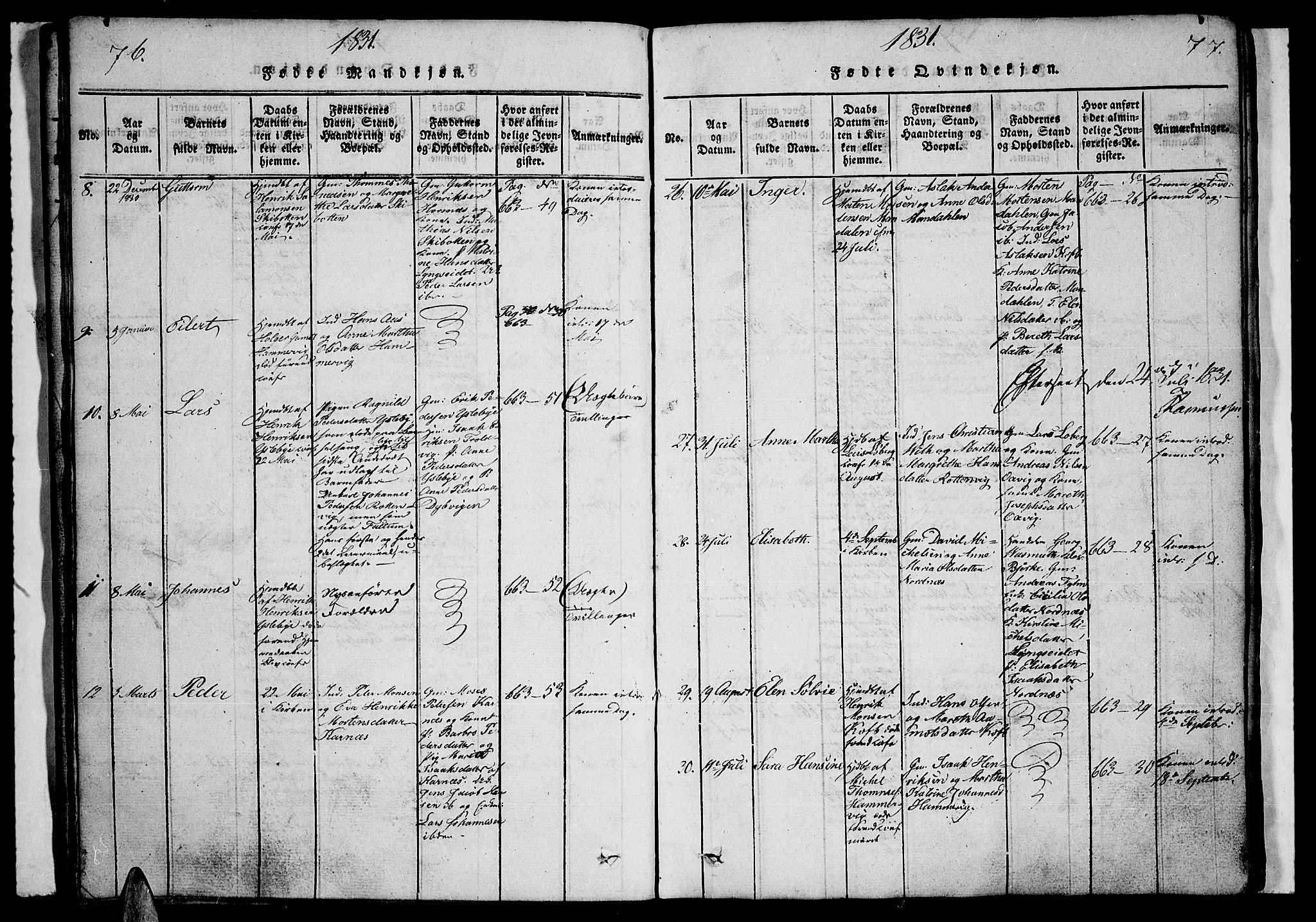 Lyngen sokneprestembete, AV/SATØ-S-1289/H/He/Heb/L0001klokker: Klokkerbok nr. 1, 1826-1838, s. 76-77