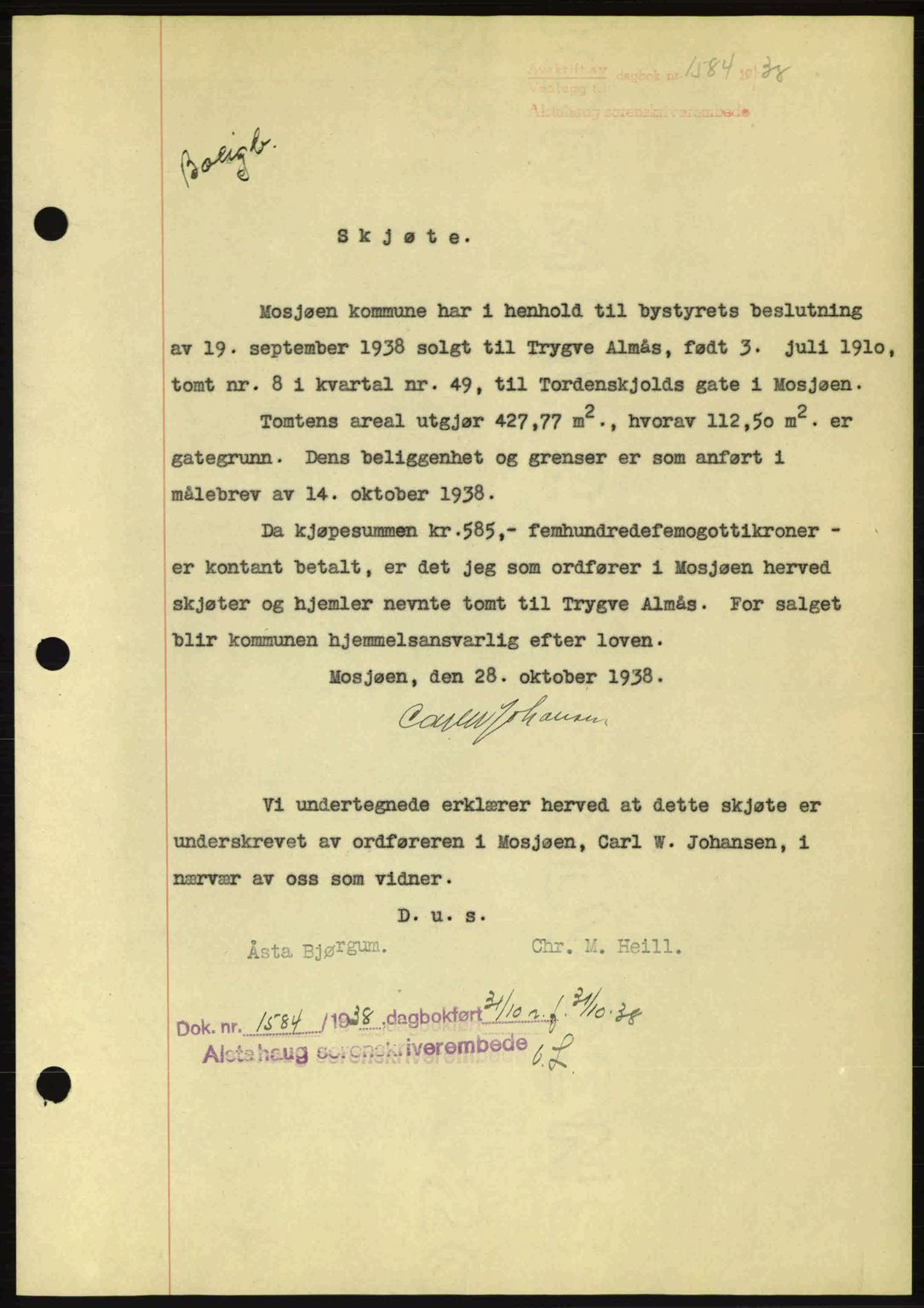 Alstahaug sorenskriveri, SAT/A-1009: Pantebok nr. A3, 1937-1938, Dagboknr: 1584/1938