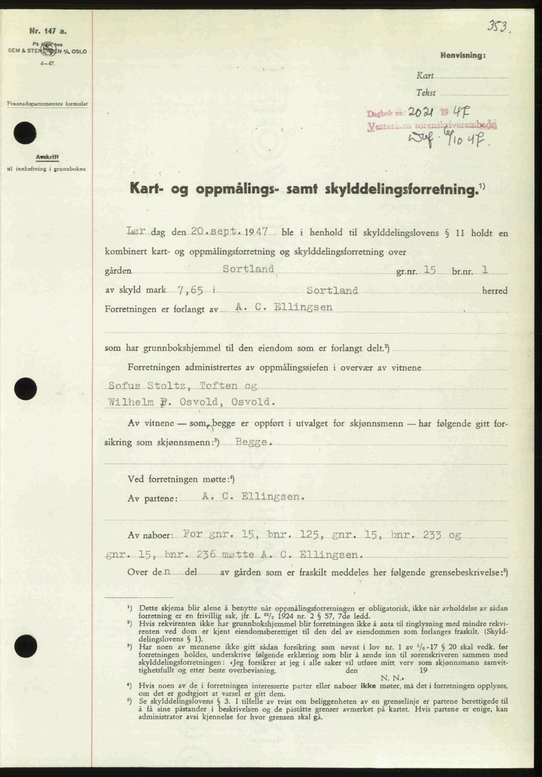 Vesterålen sorenskriveri, SAT/A-4180/1/2/2Ca: Pantebok nr. A21, 1947-1947, Dagboknr: 2021/1947