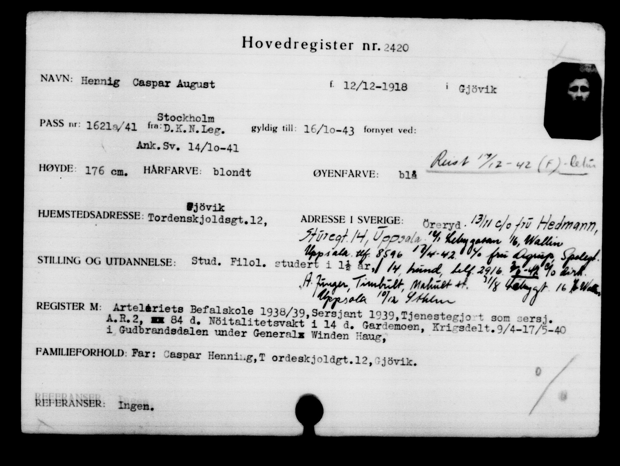 Utenriksstasjonene, Legasjonen i Stockholm, Flyktningkontoret, AV/RA-S-6753/V/Va/L0003: Kjesäterkartoteket, flyktninger med registreringsnr. 2001-3495, 1940-1945, s. 596