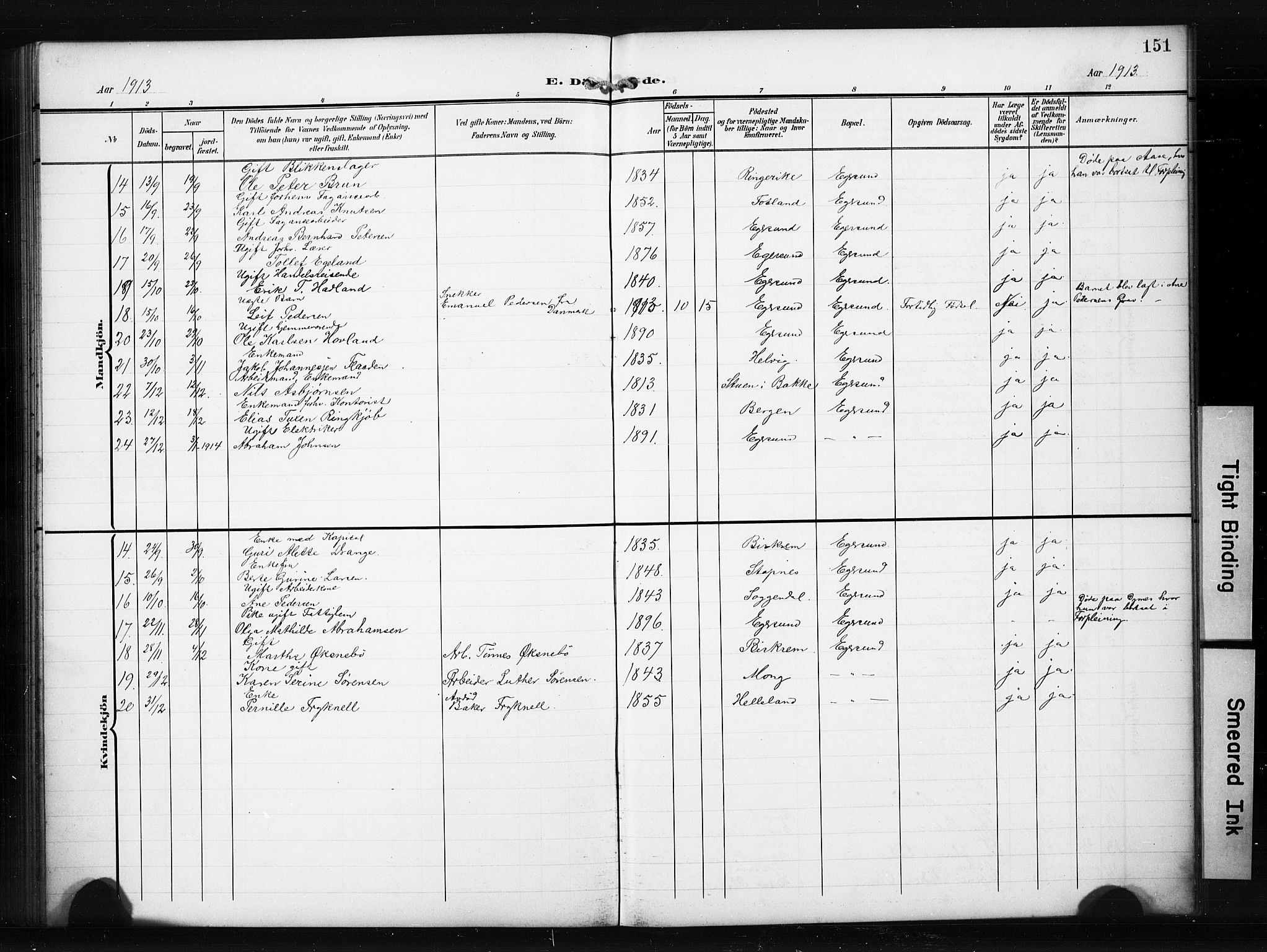 Eigersund sokneprestkontor, AV/SAST-A-101807/S09/L0012: Klokkerbok nr. B 12, 1908-1930, s. 151