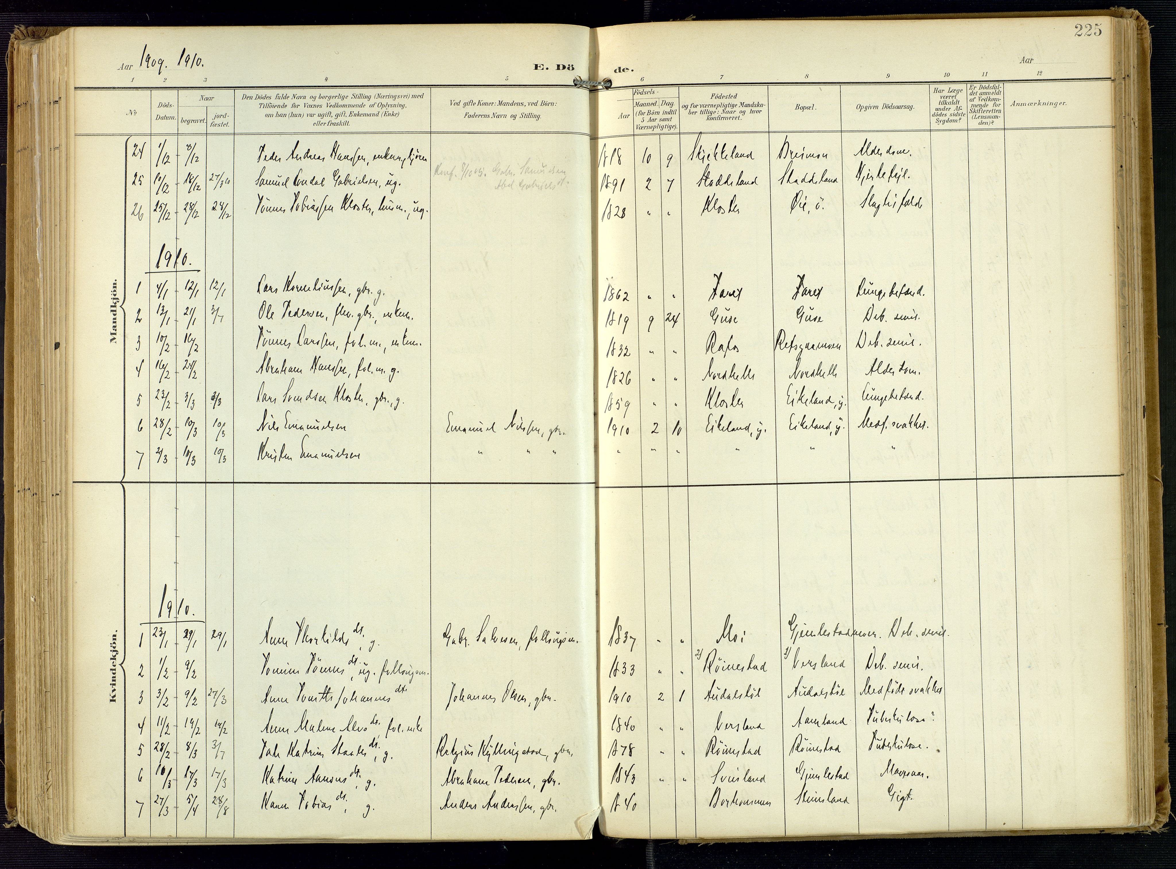 Kvinesdal sokneprestkontor, SAK/1111-0026/F/Fa/Fab/L0009: Ministerialbok nr. A 9, 1898-1915, s. 225