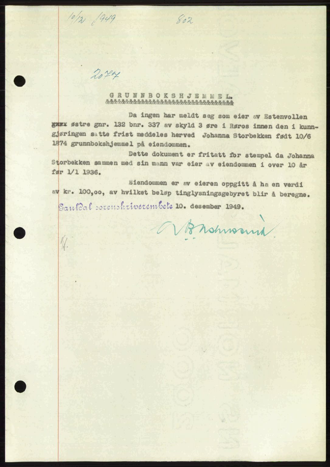 Gauldal sorenskriveri, SAT/A-0014/1/2/2C: Pantebok nr. A9, 1949-1950, Dagboknr: 2077/1949
