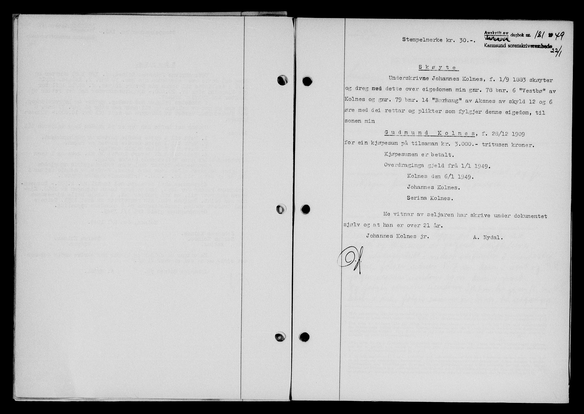 Karmsund sorenskriveri, SAST/A-100311/01/II/IIB/L0095: Pantebok nr. 75A, 1948-1949, Dagboknr: 181/1949