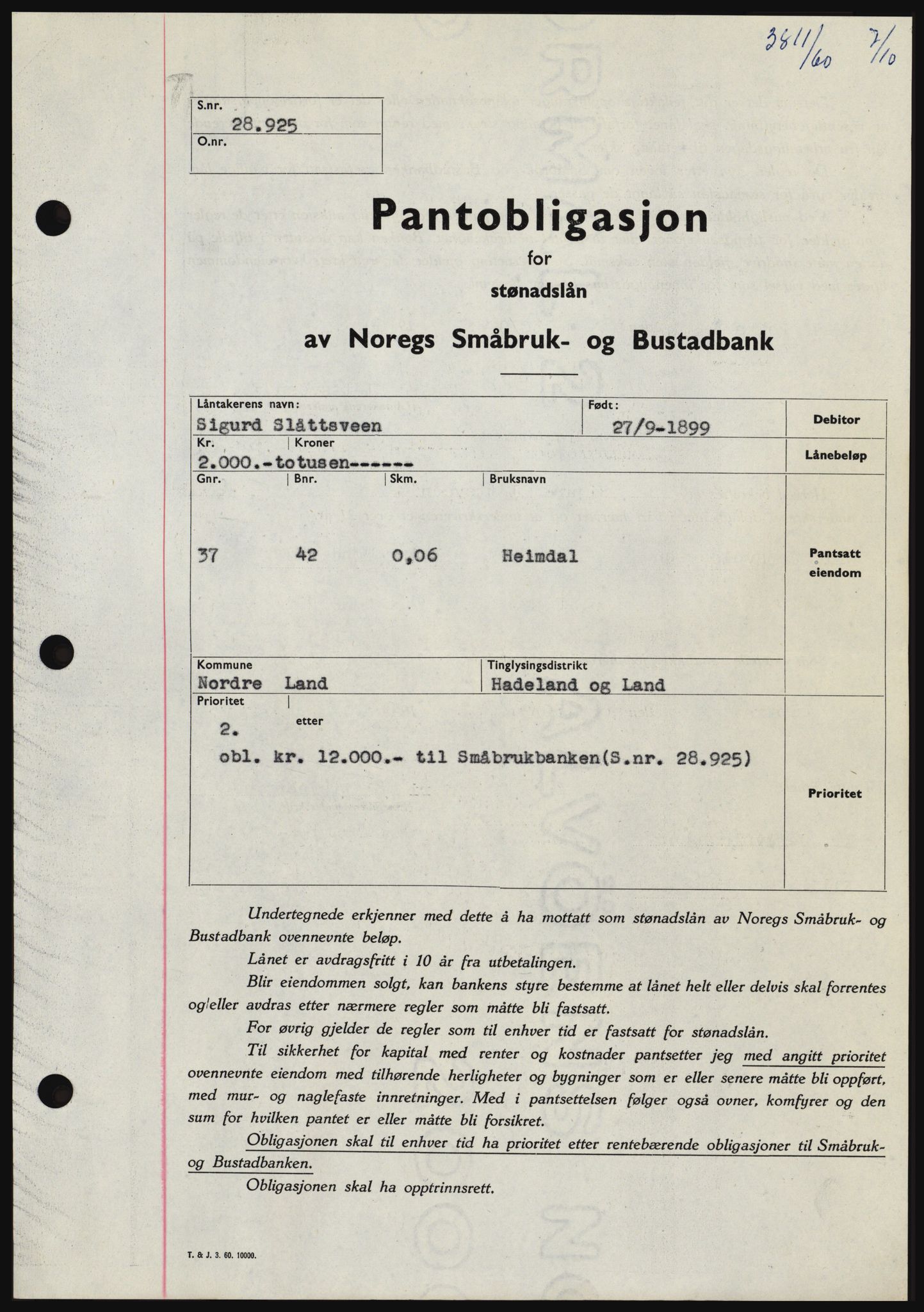 Hadeland og Land tingrett, SAH/TING-010/H/Hb/Hbc/L0044: Pantebok nr. B44, 1960-1961, Dagboknr: 3811/1960