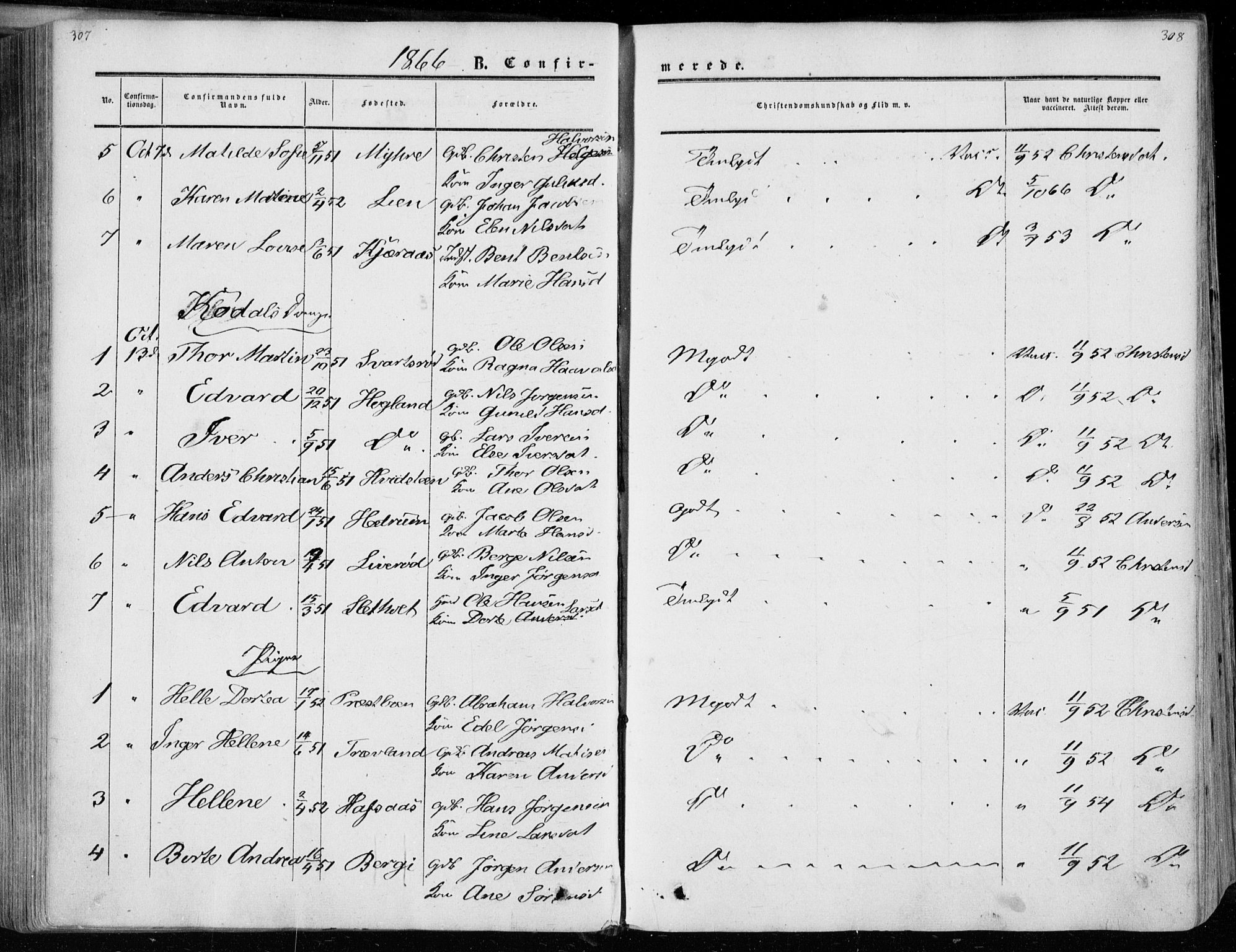 Andebu kirkebøker, AV/SAKO-A-336/F/Fa/L0005: Ministerialbok nr. I 5, 1857-1870, s. 307-308