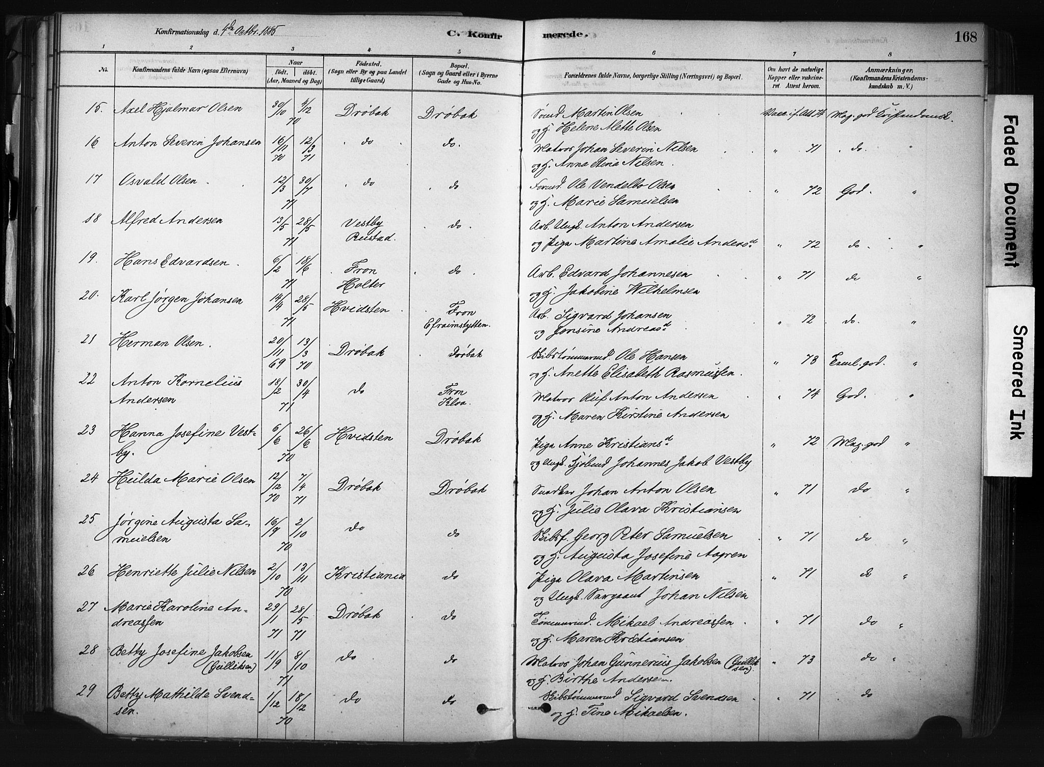 Drøbak prestekontor Kirkebøker, AV/SAO-A-10142a/F/Fb/L0001: Ministerialbok nr. II 1, 1878-1891, s. 168