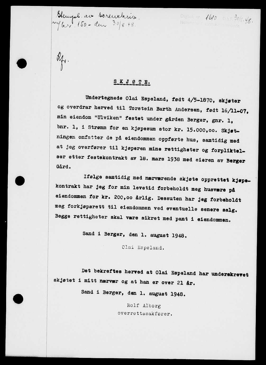 Holmestrand sorenskriveri, SAKO/A-67/G/Ga/Gaa/L0064: Pantebok nr. A-64, 1948-1948, Dagboknr: 1610/1948