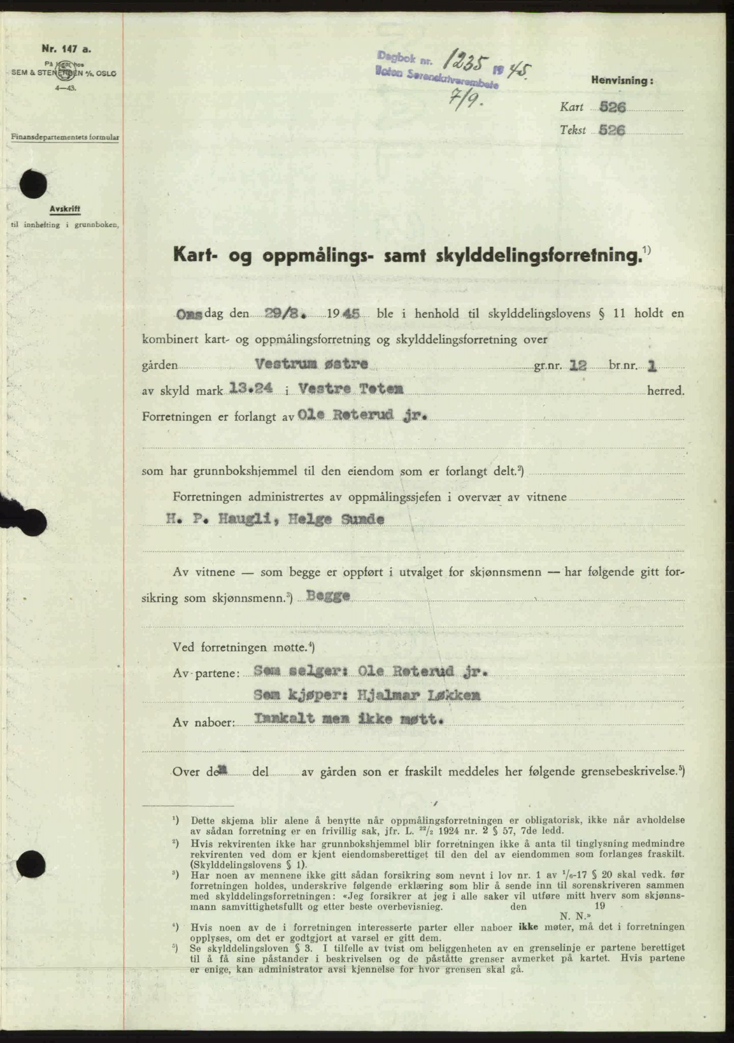 Toten tingrett, SAH/TING-006/H/Hb/Hbc/L0013: Pantebok nr. Hbc-13, 1945-1945, Dagboknr: 1235/1945