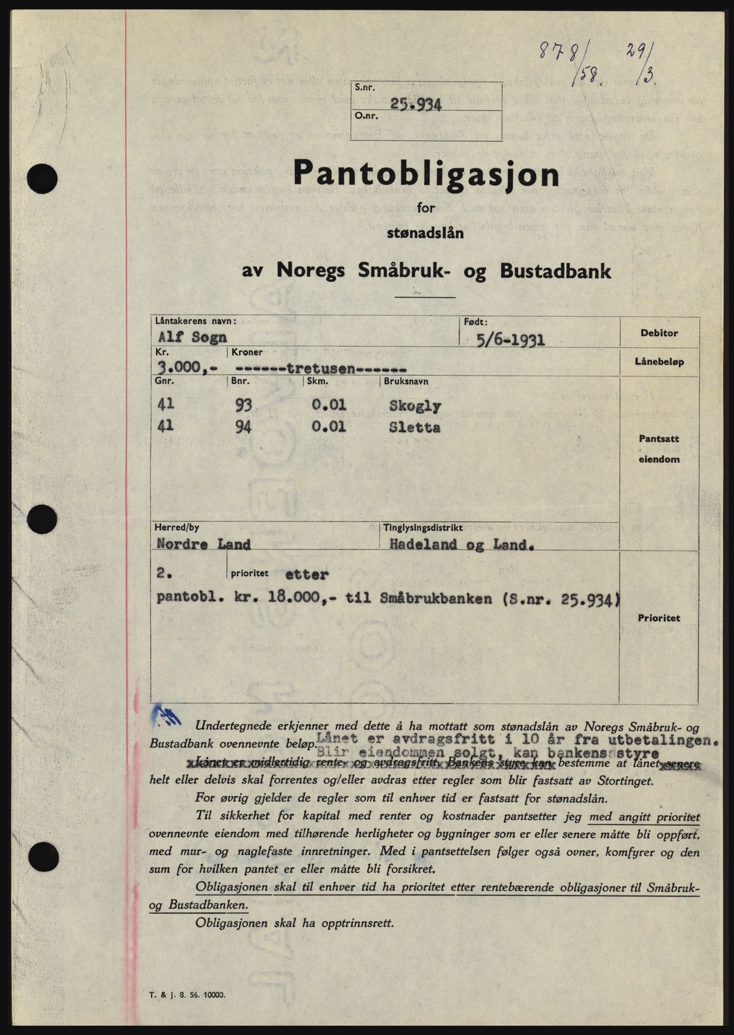 Hadeland og Land tingrett, SAH/TING-010/H/Hb/Hbc/L0038: Pantebok nr. B38, 1958-1958, Dagboknr: 878/1958