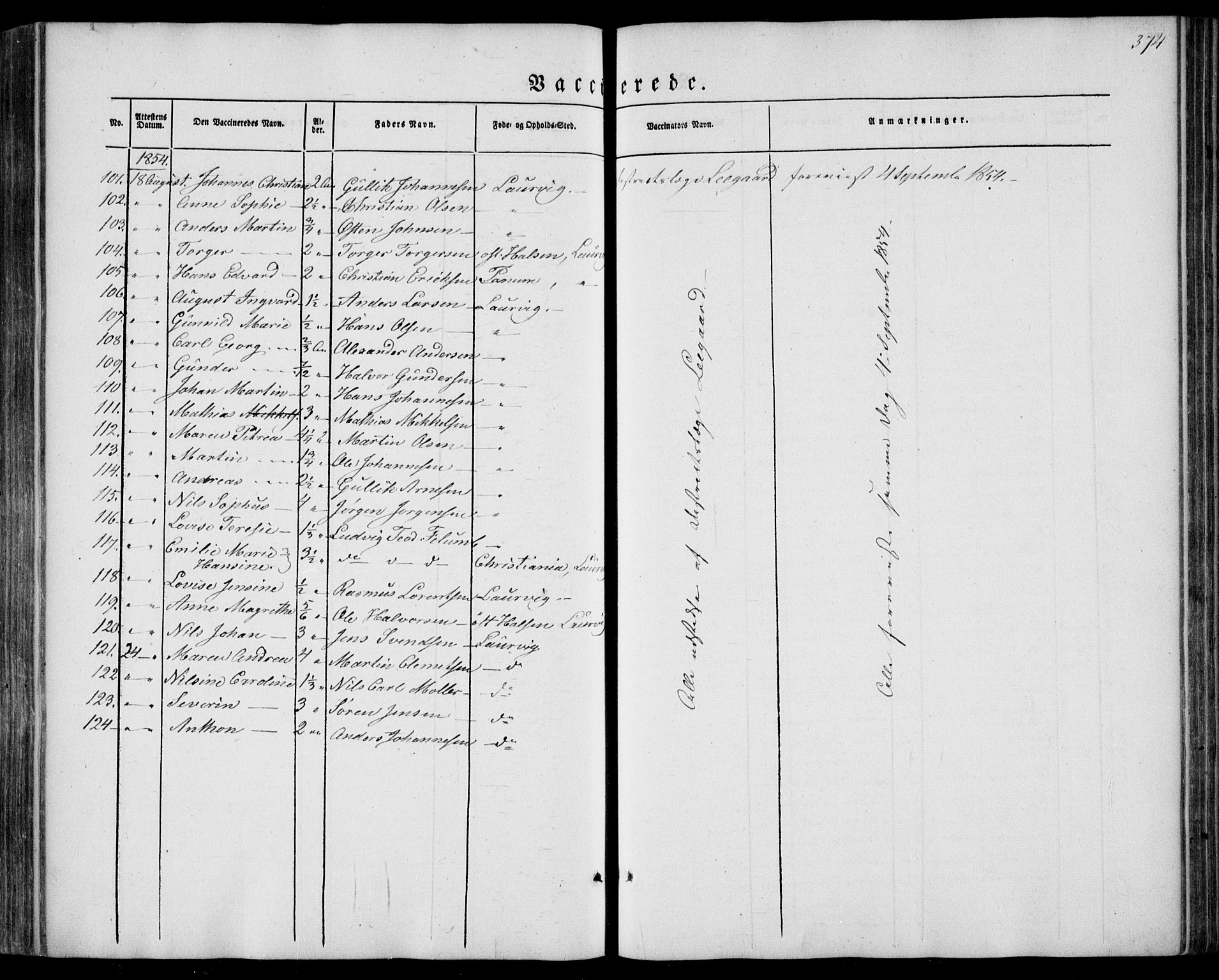 Larvik kirkebøker, AV/SAKO-A-352/F/Fa/L0003: Ministerialbok nr. I 3, 1848-1856, s. 374