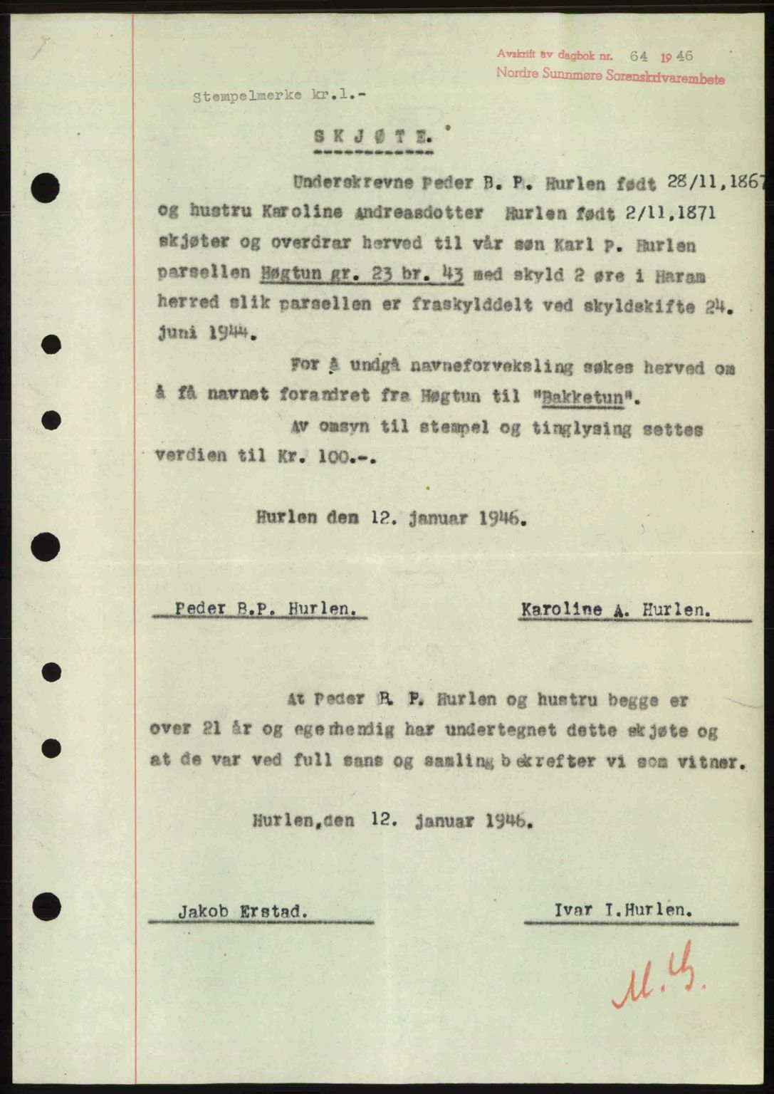 Nordre Sunnmøre sorenskriveri, AV/SAT-A-0006/1/2/2C/2Ca: Pantebok nr. A20b, 1946-1946, Dagboknr: 64/1946