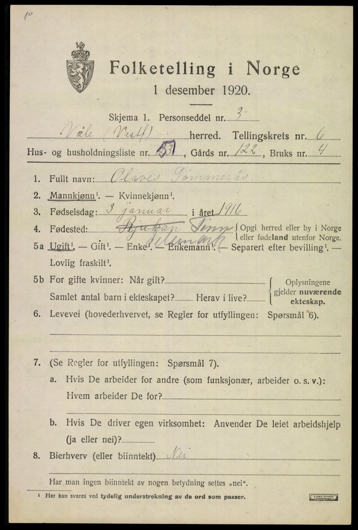 SAKO, Folketelling 1920 for 0716 Våle herred, 1920, s. 5476