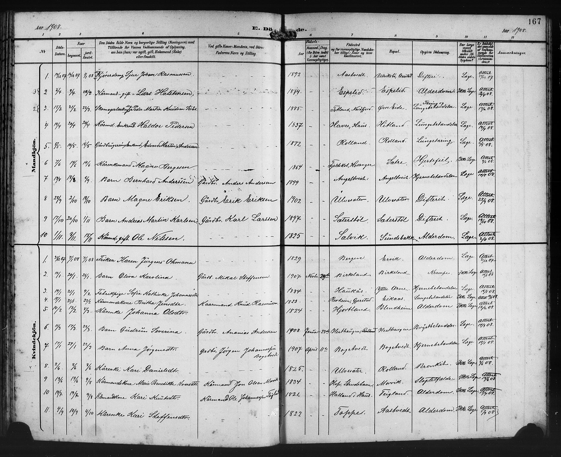 Åsane sokneprestembete, AV/SAB-A-79401/H/Hab: Klokkerbok nr. A 3, 1899-1915, s. 167
