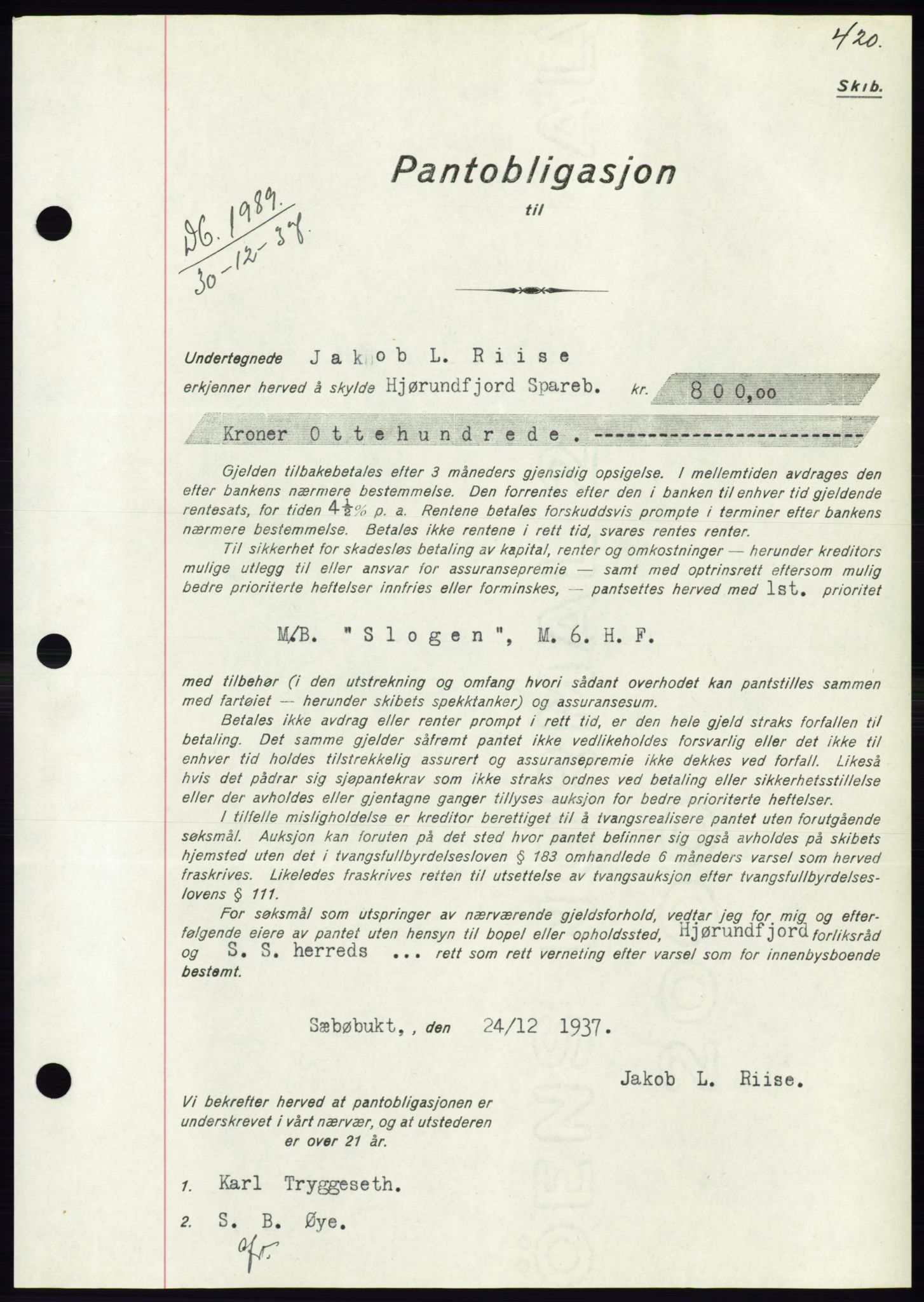 Søre Sunnmøre sorenskriveri, SAT/A-4122/1/2/2C/L0064: Pantebok nr. 58, 1937-1938, Dagboknr: 1989/1937