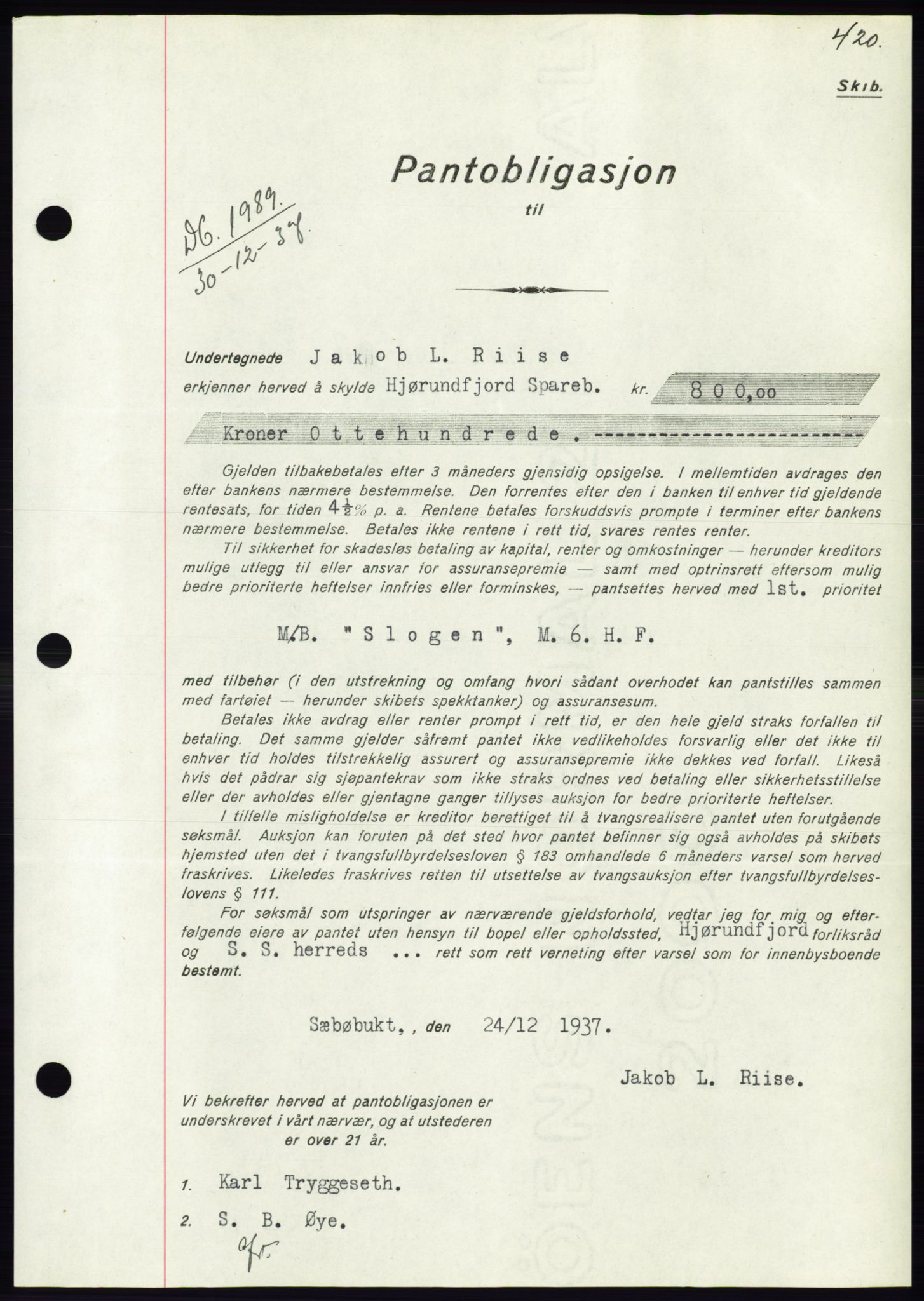 Søre Sunnmøre sorenskriveri, AV/SAT-A-4122/1/2/2C/L0064: Pantebok nr. 58, 1937-1938, Dagboknr: 1989/1937