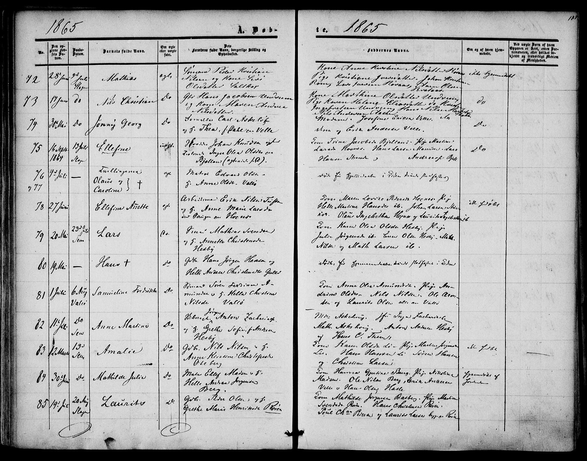 Sem kirkebøker, AV/SAKO-A-5/F/Fa/L0007: Ministerialbok nr. I 7, 1856-1865, s. 187