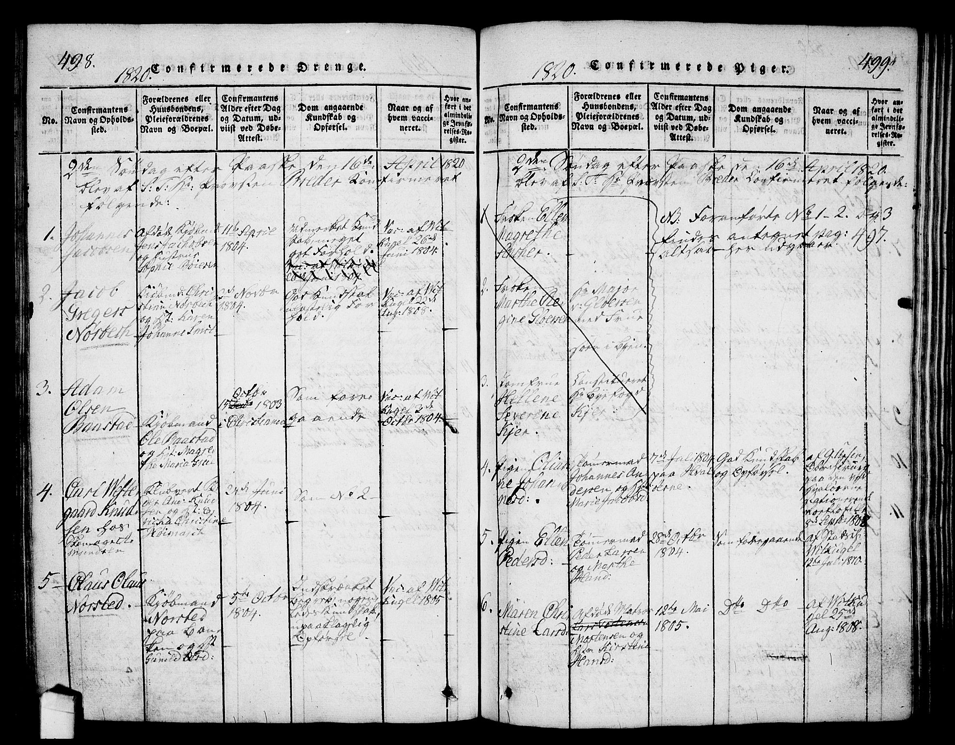 Halden prestekontor Kirkebøker, AV/SAO-A-10909/G/Ga/L0001: Klokkerbok nr. 1, 1815-1833, s. 498-499