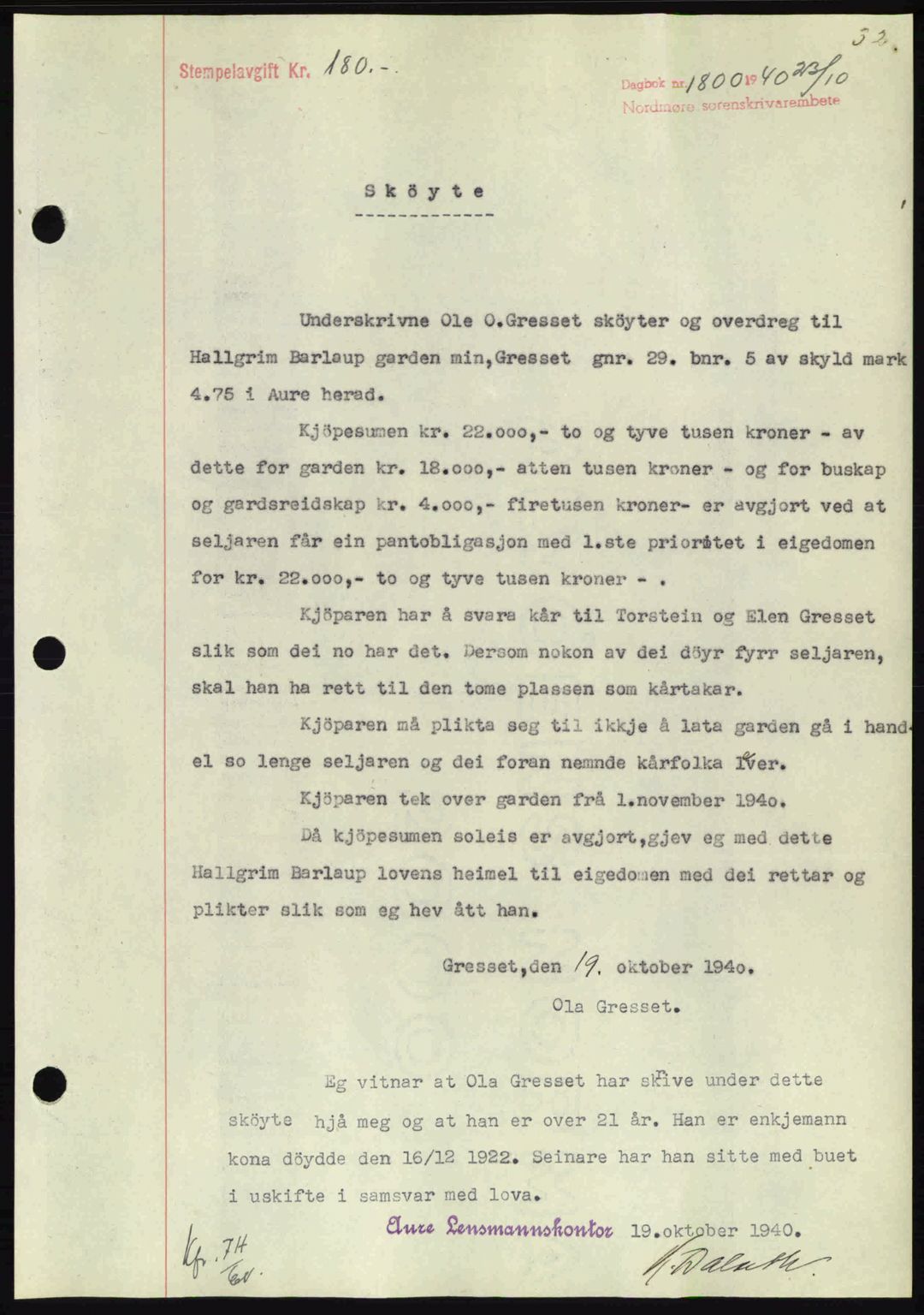 Nordmøre sorenskriveri, SAT/A-4132/1/2/2Ca: Pantebok nr. A89, 1940-1941, Dagboknr: 1800/1940
