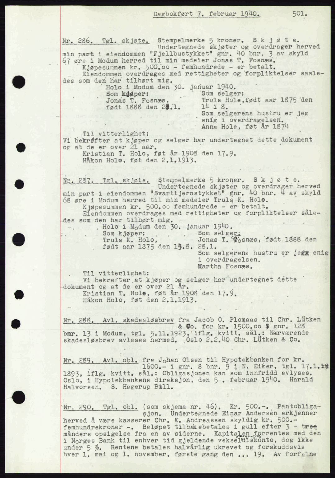 Eiker, Modum og Sigdal sorenskriveri, SAKO/A-123/G/Ga/Gab/L0041: Pantebok nr. A11, 1939-1940, Dagboknr: 286/1940