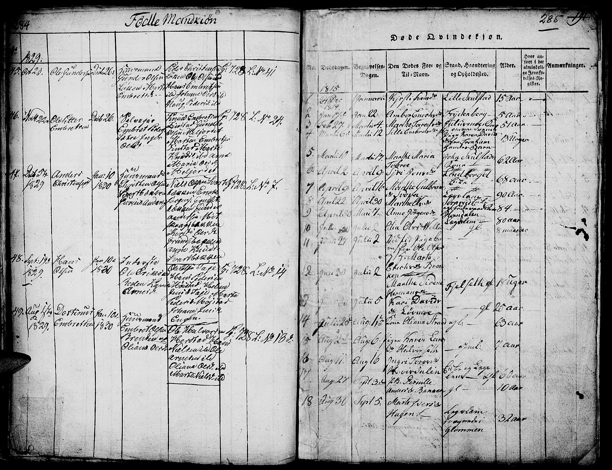 Elverum prestekontor, AV/SAH-PREST-044/H/Ha/Hab/L0001: Klokkerbok nr. 1, 1815-1829, s. 284-285