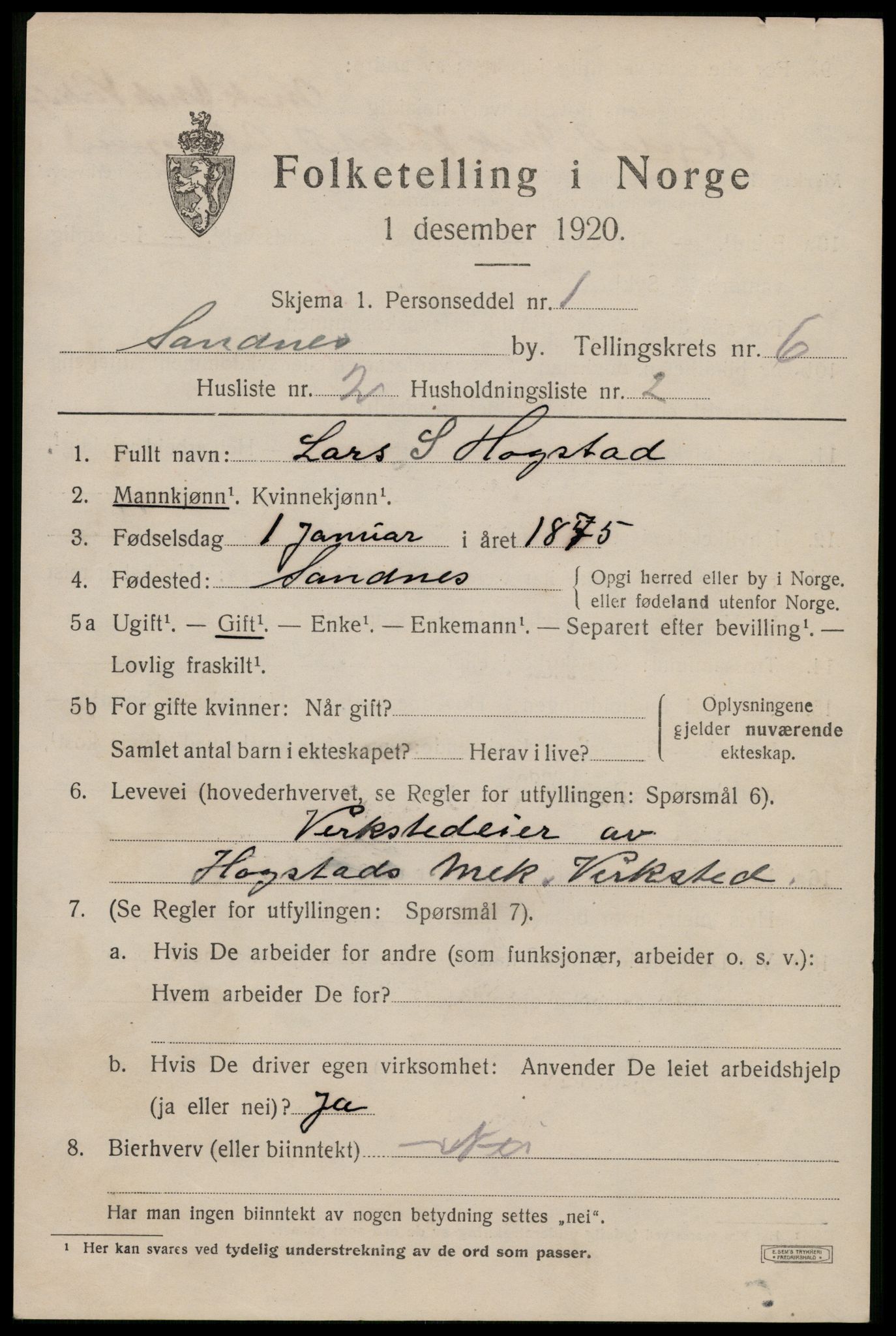 SAST, Folketelling 1920 for 1102 Sandnes ladested, 1920, s. 5134