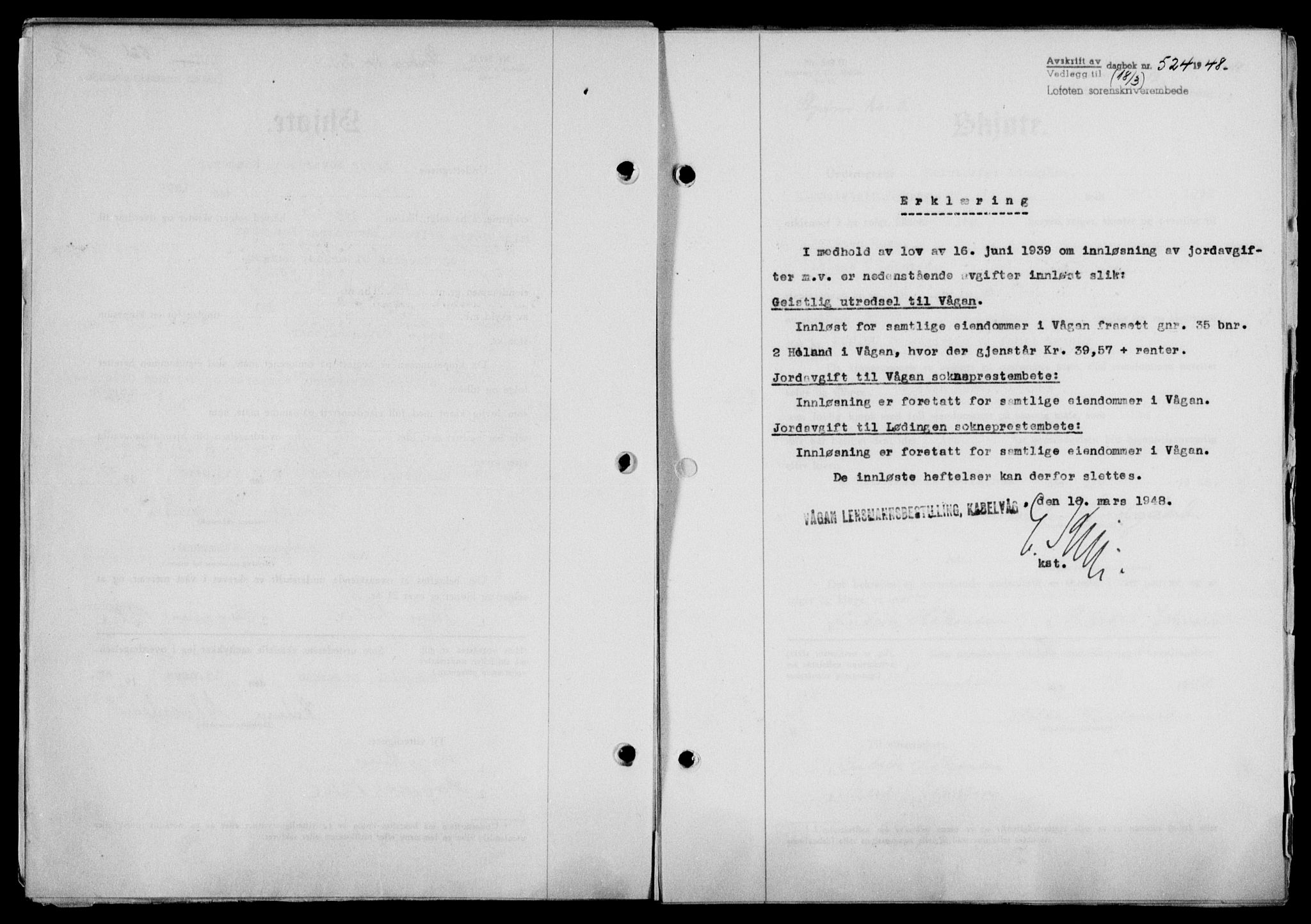 Lofoten sorenskriveri, SAT/A-0017/1/2/2C/L0018a: Pantebok nr. 18a, 1948-1948, Dagboknr: 524/1948