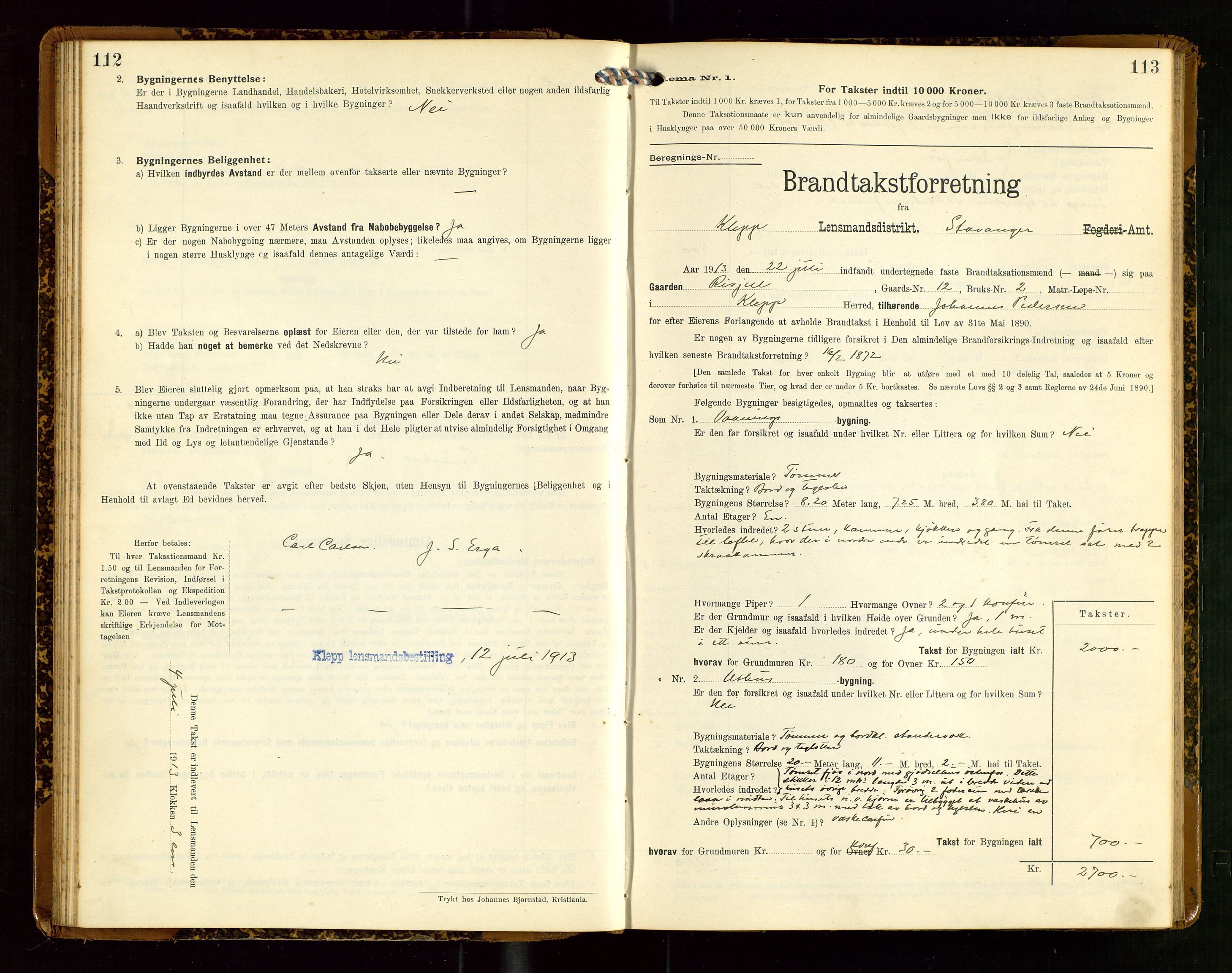 Klepp lensmannskontor, AV/SAST-A-100163/Goc/L0007: "Brandtaxationsprotokol" m/register, 1911-1915, s. 112-113