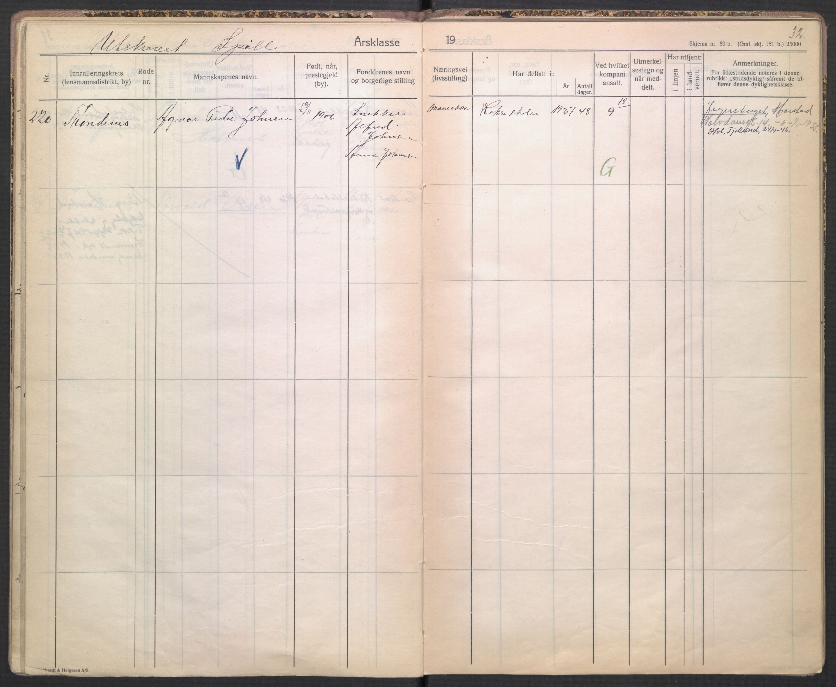 Forsvaret, Troms infanteriregiment nr. 16, AV/RA-RAFA-3146/P/Pa/L0004/0003: Ruller / Rulle for Trondenes bataljons menige mannskaper, årsklasse 1927, 1927, s. 32