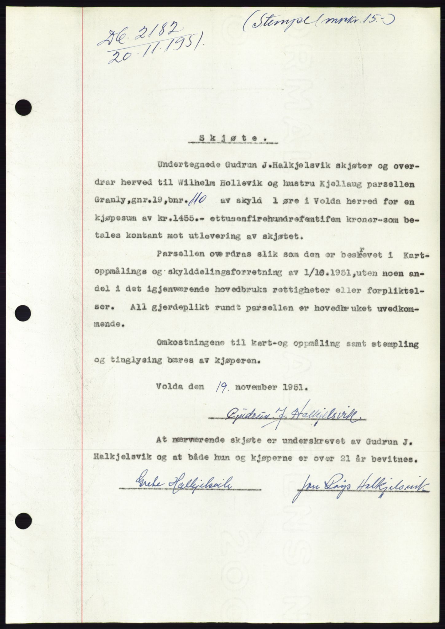 Søre Sunnmøre sorenskriveri, AV/SAT-A-4122/1/2/2C/L0090: Pantebok nr. 16A, 1951-1951, Dagboknr: 2182/1951