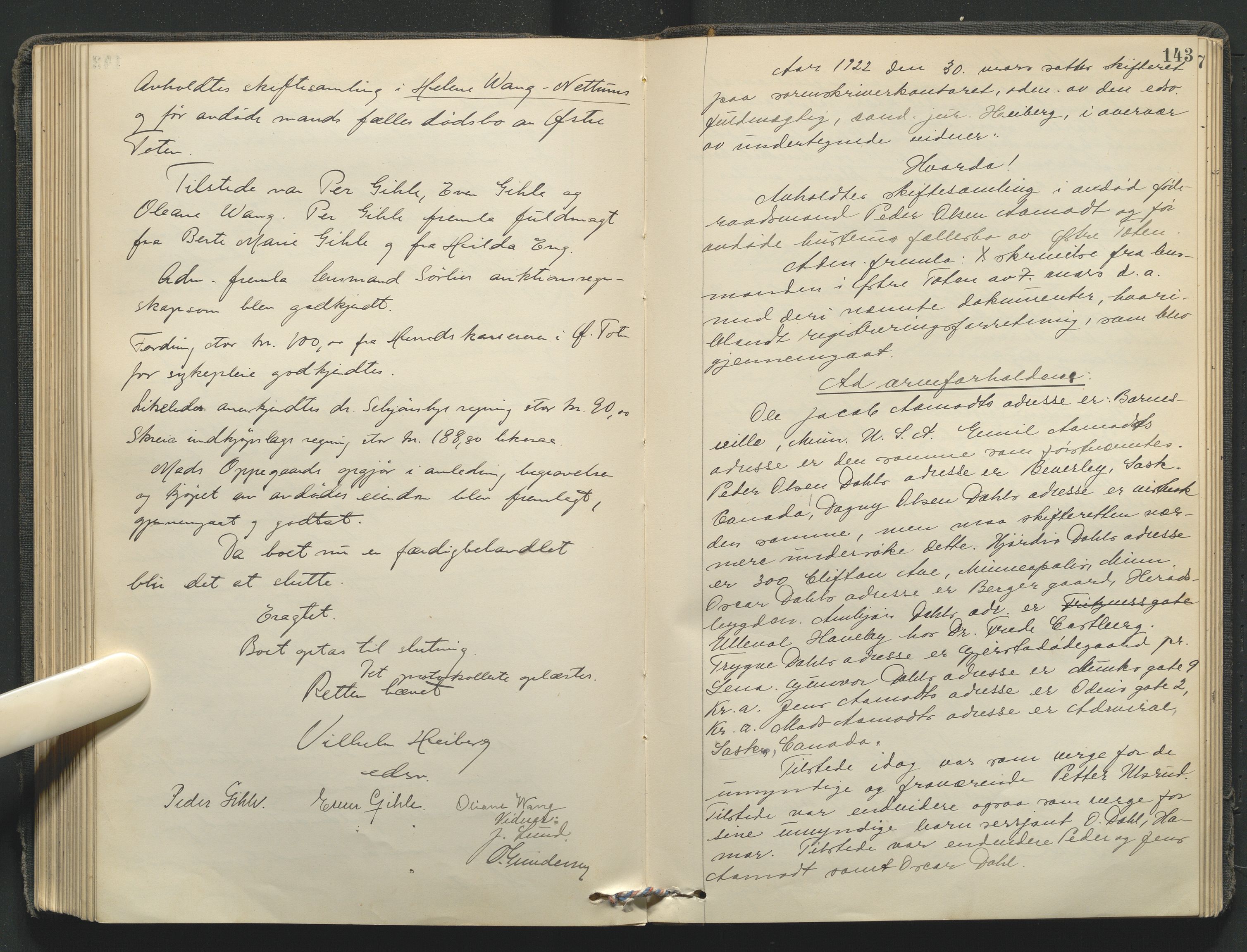 Toten tingrett, AV/SAH-TING-006/J/Je/L0011: Skiftebehandlingsprotokoll - Østre Toten, 1914-1923, s. 143