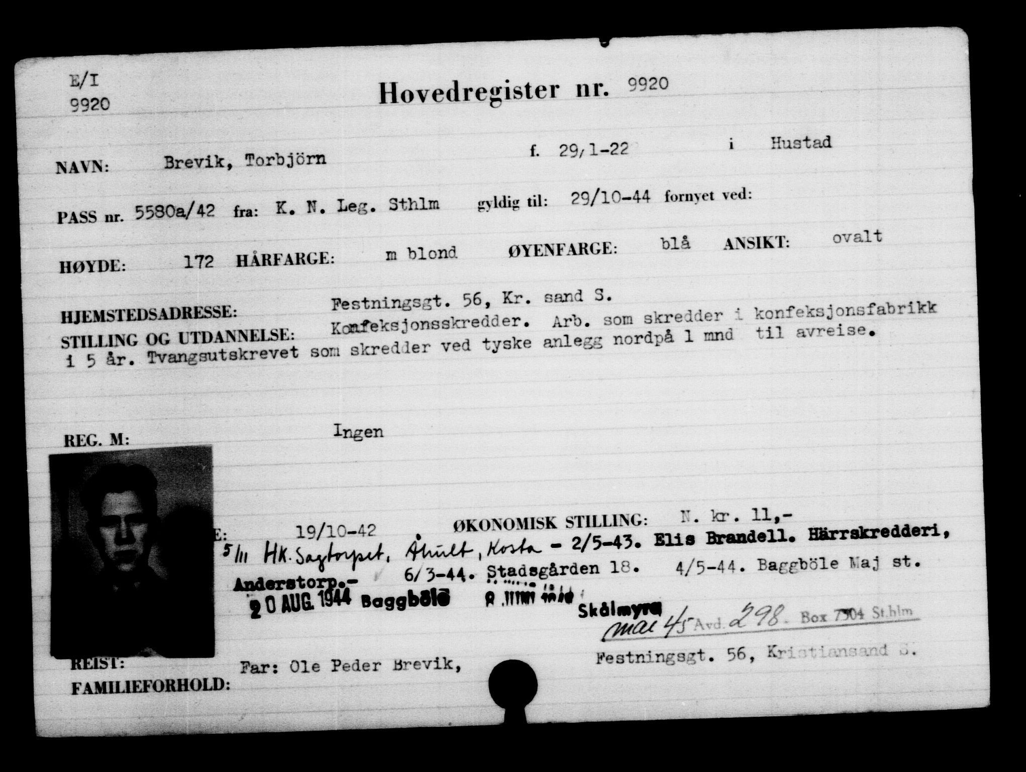 Utenriksstasjonene, Legasjonen i Stockholm, Flyktningkontoret, AV/RA-S-6753/V/Va/L0006: Kjesäterkartoteket, flyktninger med registreringsnr. 9400-12711, 1940-1945, s. 588