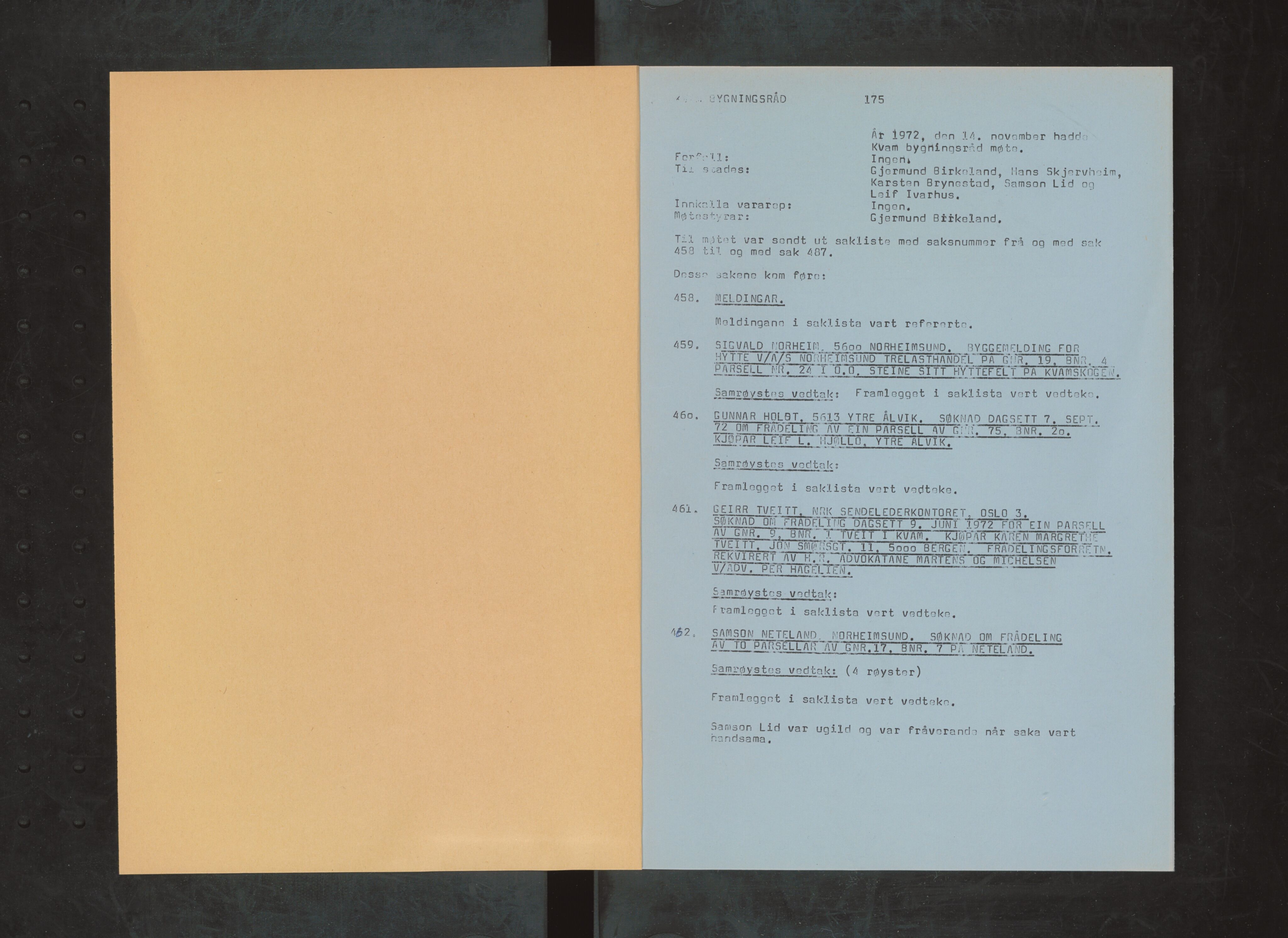 Kvam herad. Bygningsrådet, IKAH/1238-511/A/Ab/L0027: Utskrift av møtebok for Kvam bygningsråd, 1972