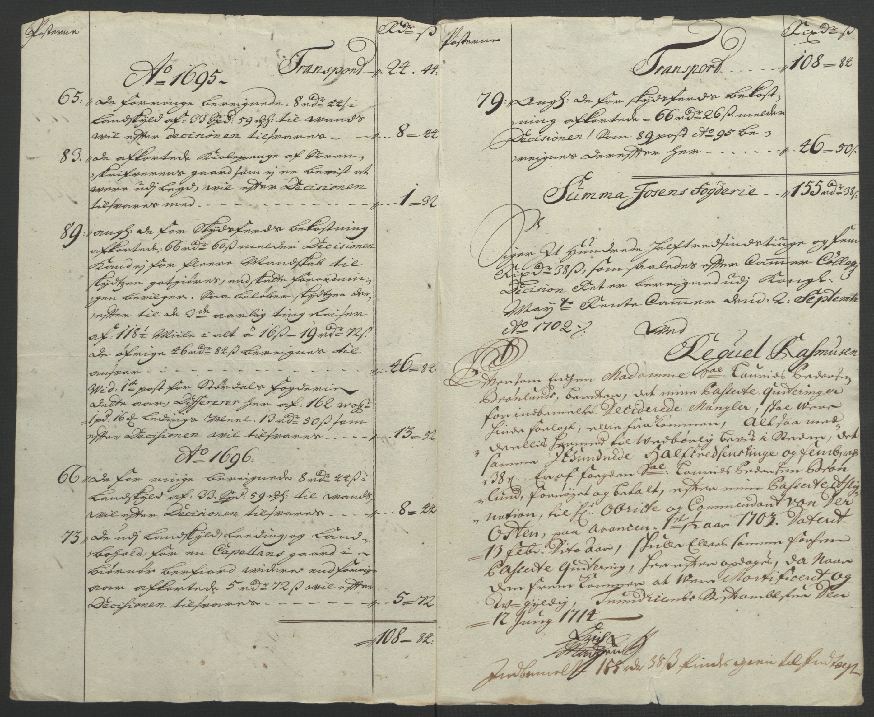 Rentekammeret inntil 1814, Reviderte regnskaper, Fogderegnskap, RA/EA-4092/R57/L3851: Fogderegnskap Fosen, 1695-1696, s. 354
