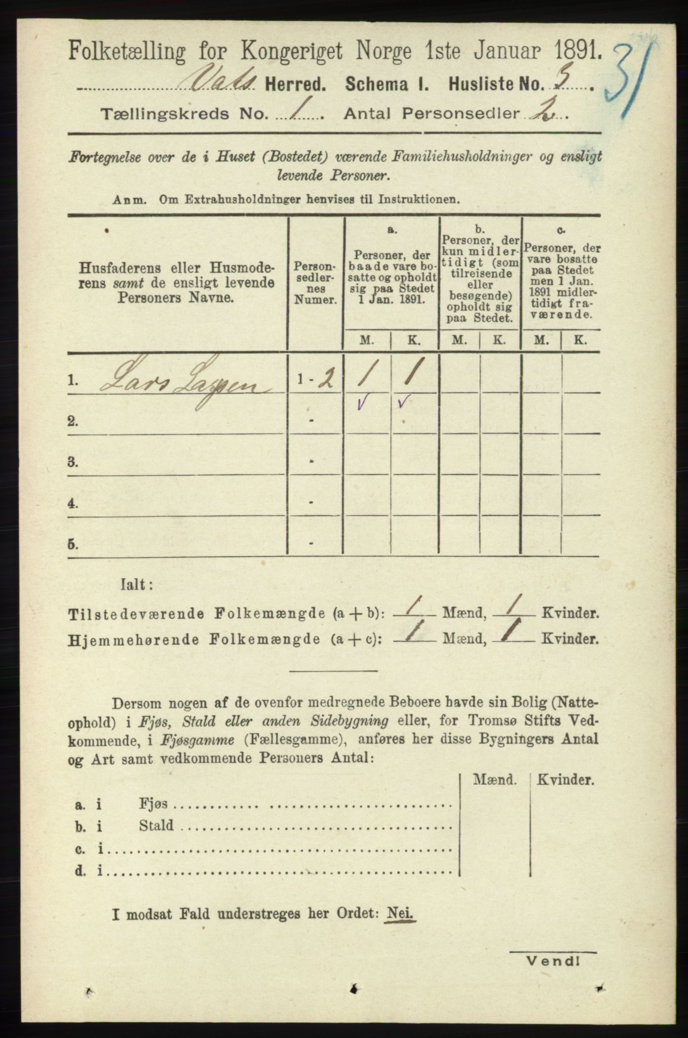RA, Folketelling 1891 for 1155 Vats herred, 1891, s. 25