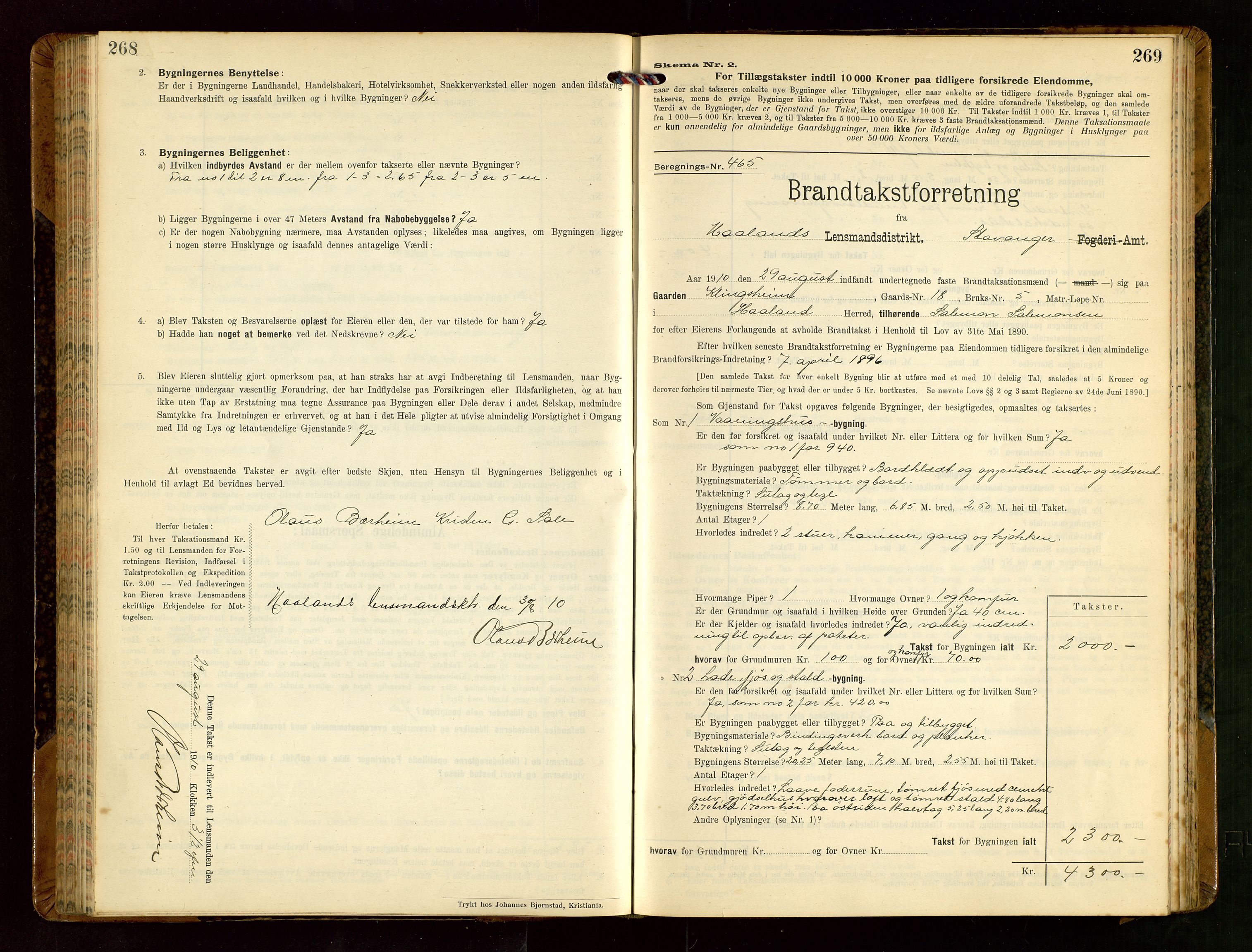 Håland lensmannskontor, AV/SAST-A-100100/Gob/L0004: Branntakstprotokoll - skjematakst. Register i boken., 1913-1915, s. 268-269