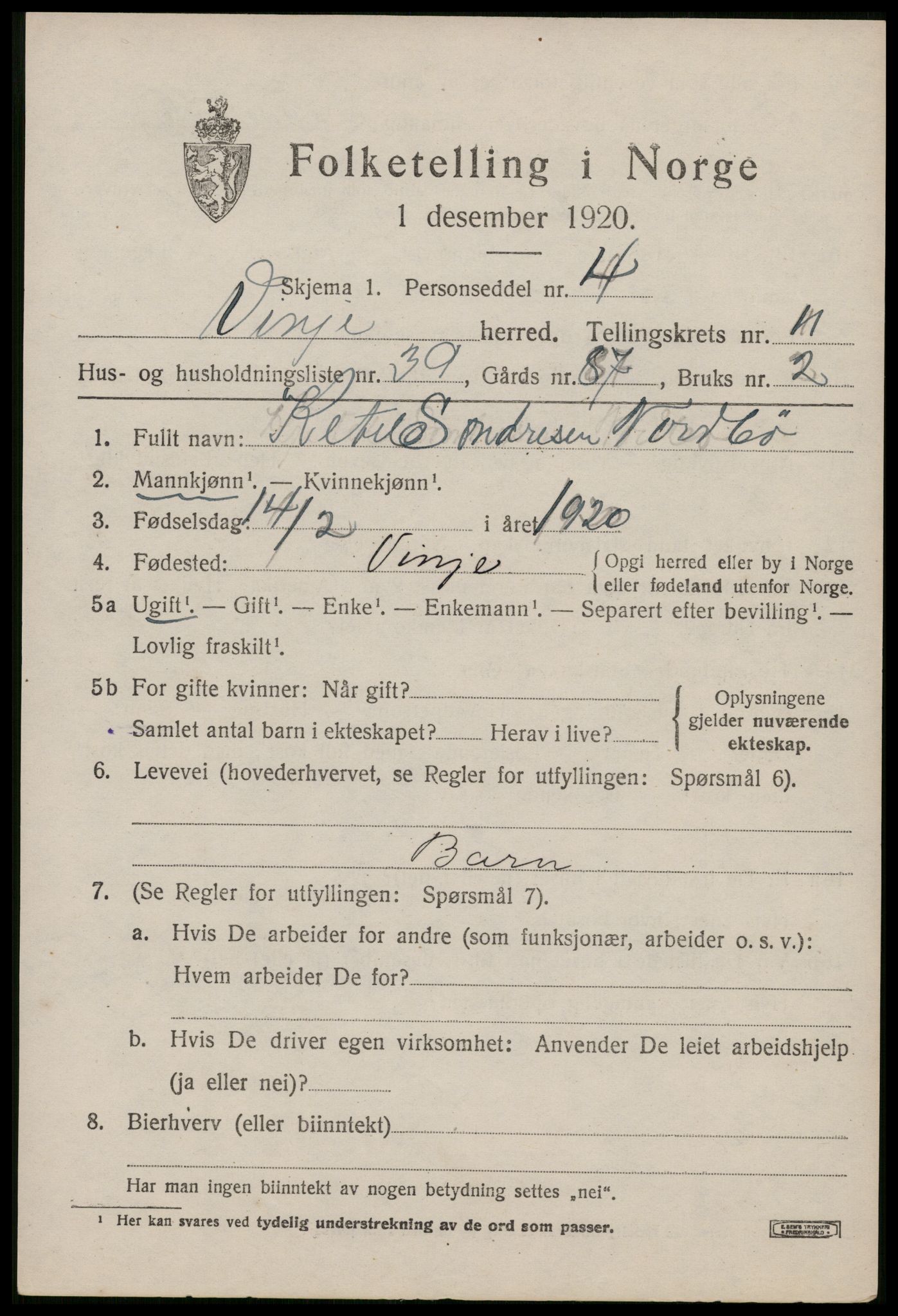 SAKO, Folketelling 1920 for 0834 Vinje herred, 1920, s. 3795