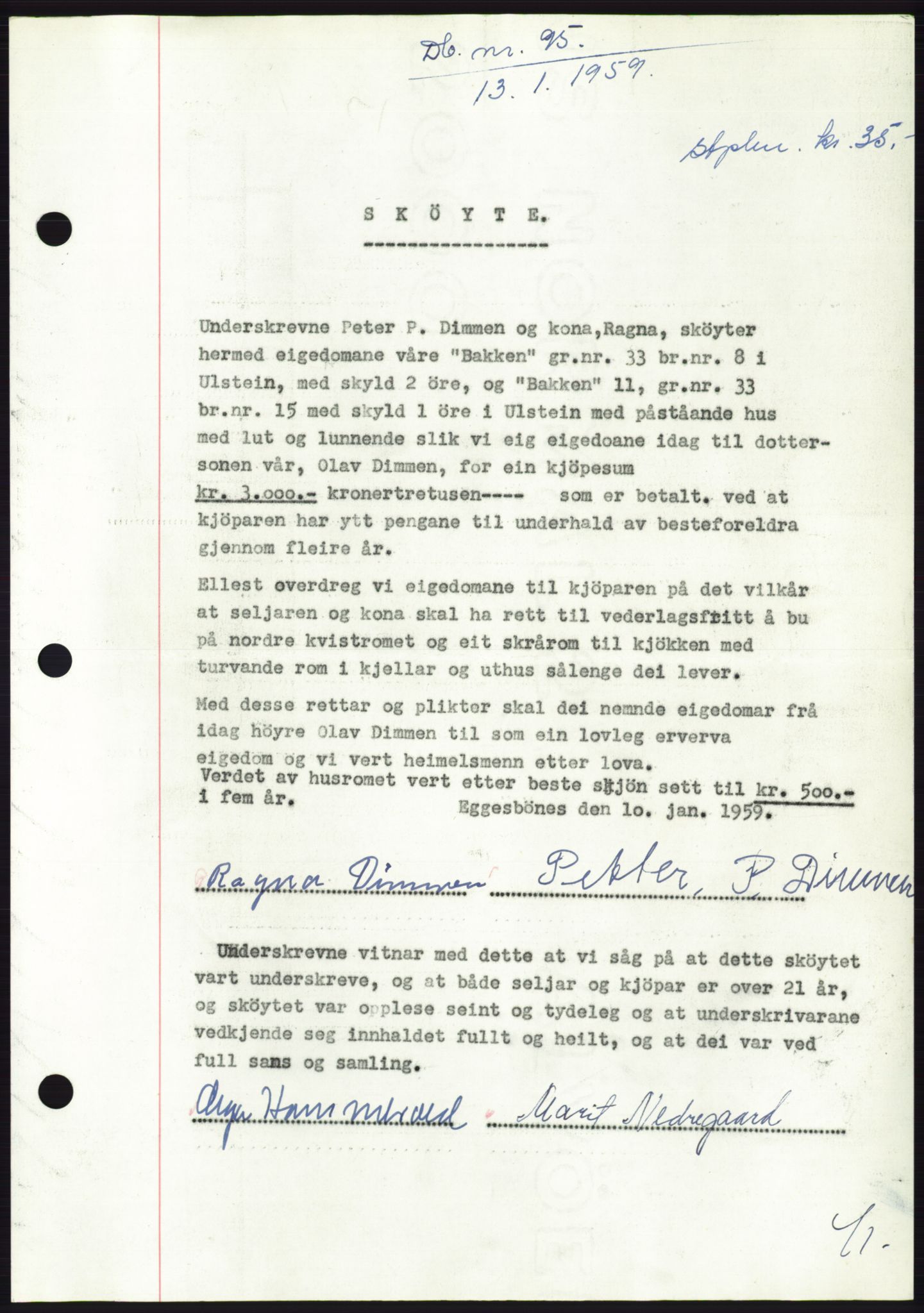 Søre Sunnmøre sorenskriveri, SAT/A-4122/1/2/2C/L0111: Pantebok nr. 37A, 1958-1959, Dagboknr: 95/1959