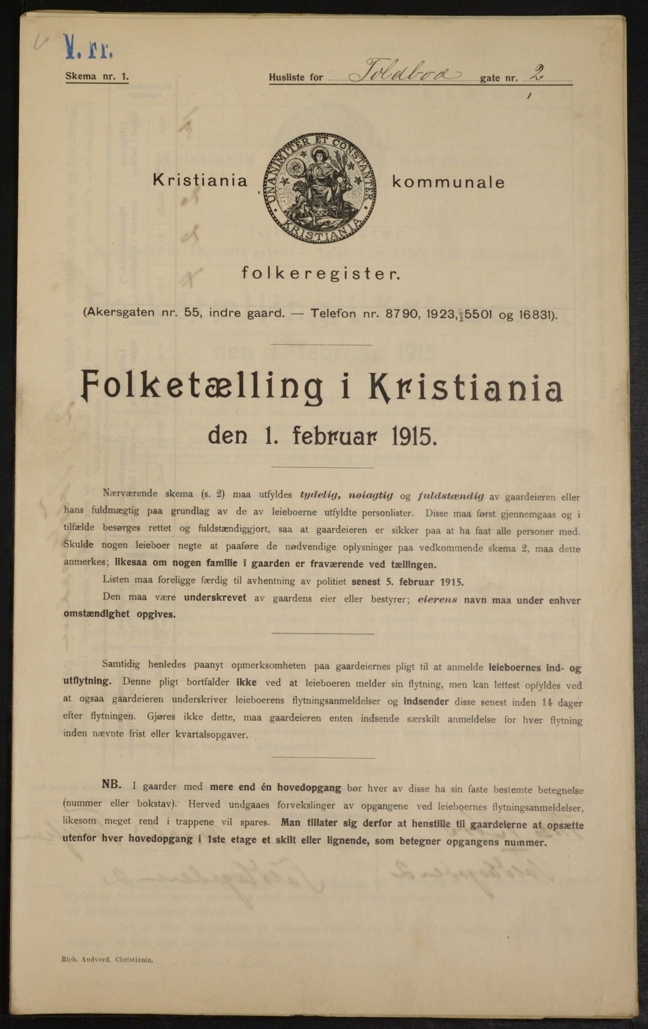 OBA, Kommunal folketelling 1.2.1915 for Kristiania, 1915, s. 113501