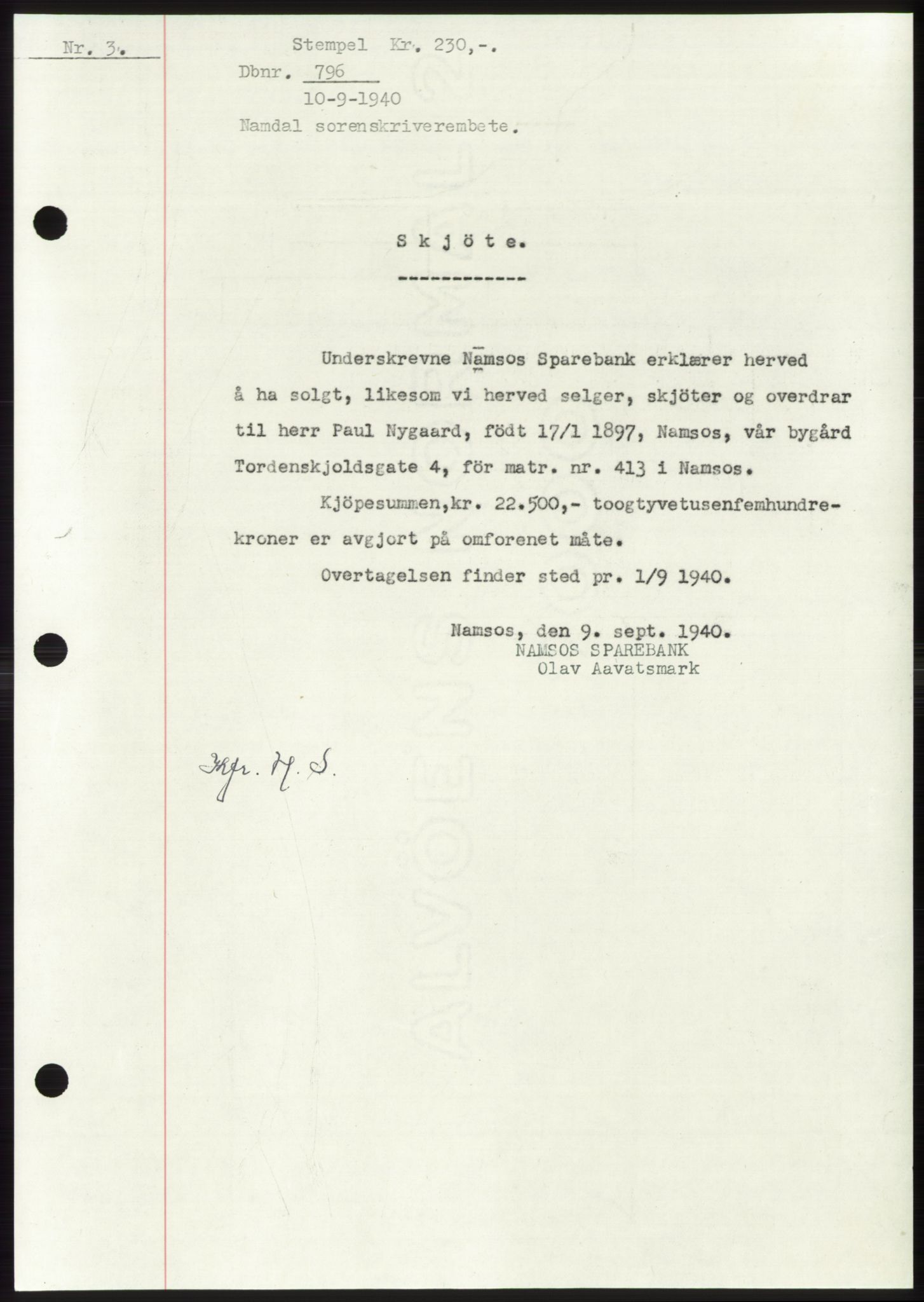 Namdal sorenskriveri, SAT/A-4133/1/2/2C: Pantebok nr. -, 1940-1941, Tingl.dato: 10.09.1940