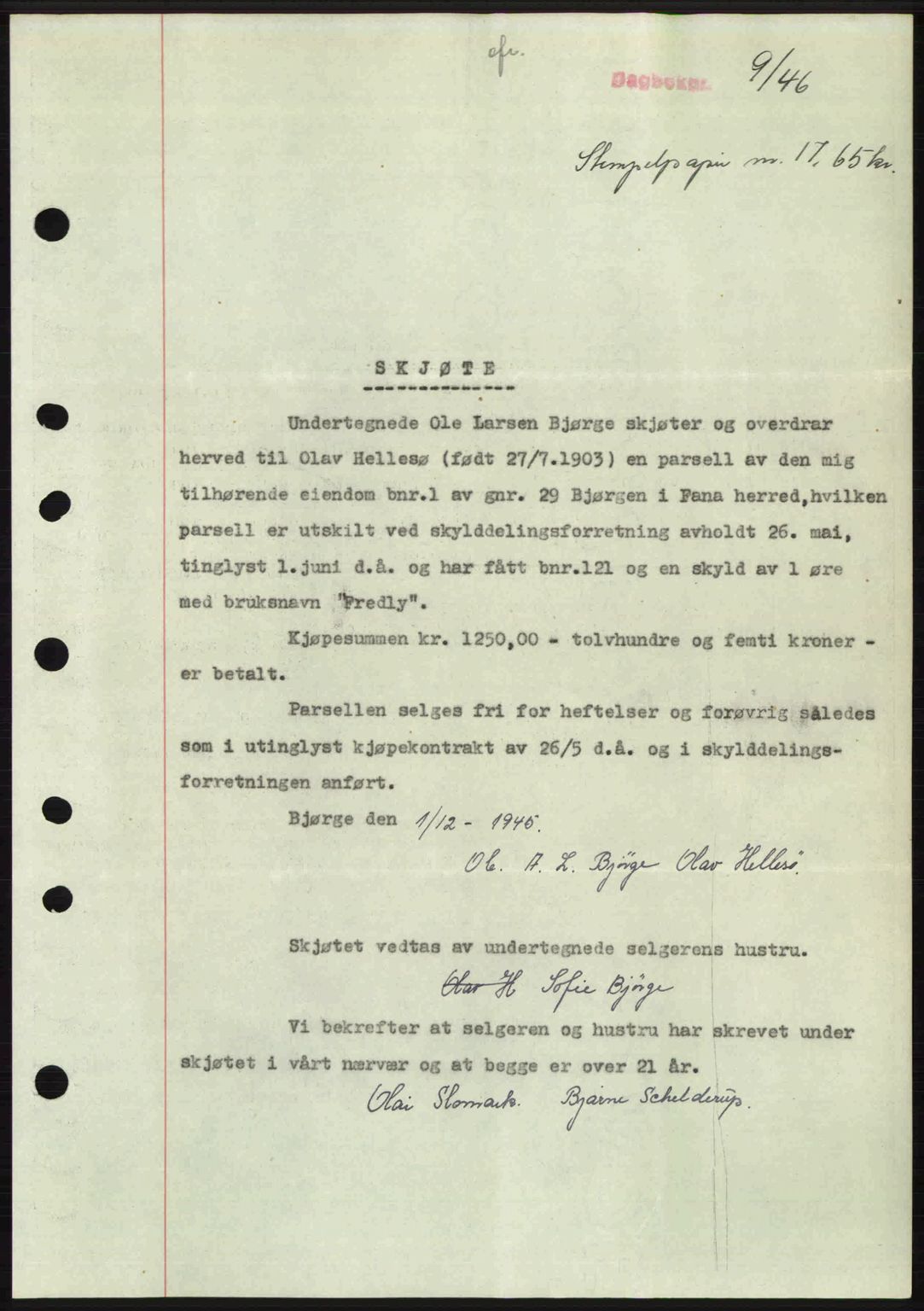 Midhordland sorenskriveri, SAB/A-3001/1/G/Gb/Gbj/L0022: Pantebok nr. A41-43, 1946-1946, Dagboknr: 9/1946