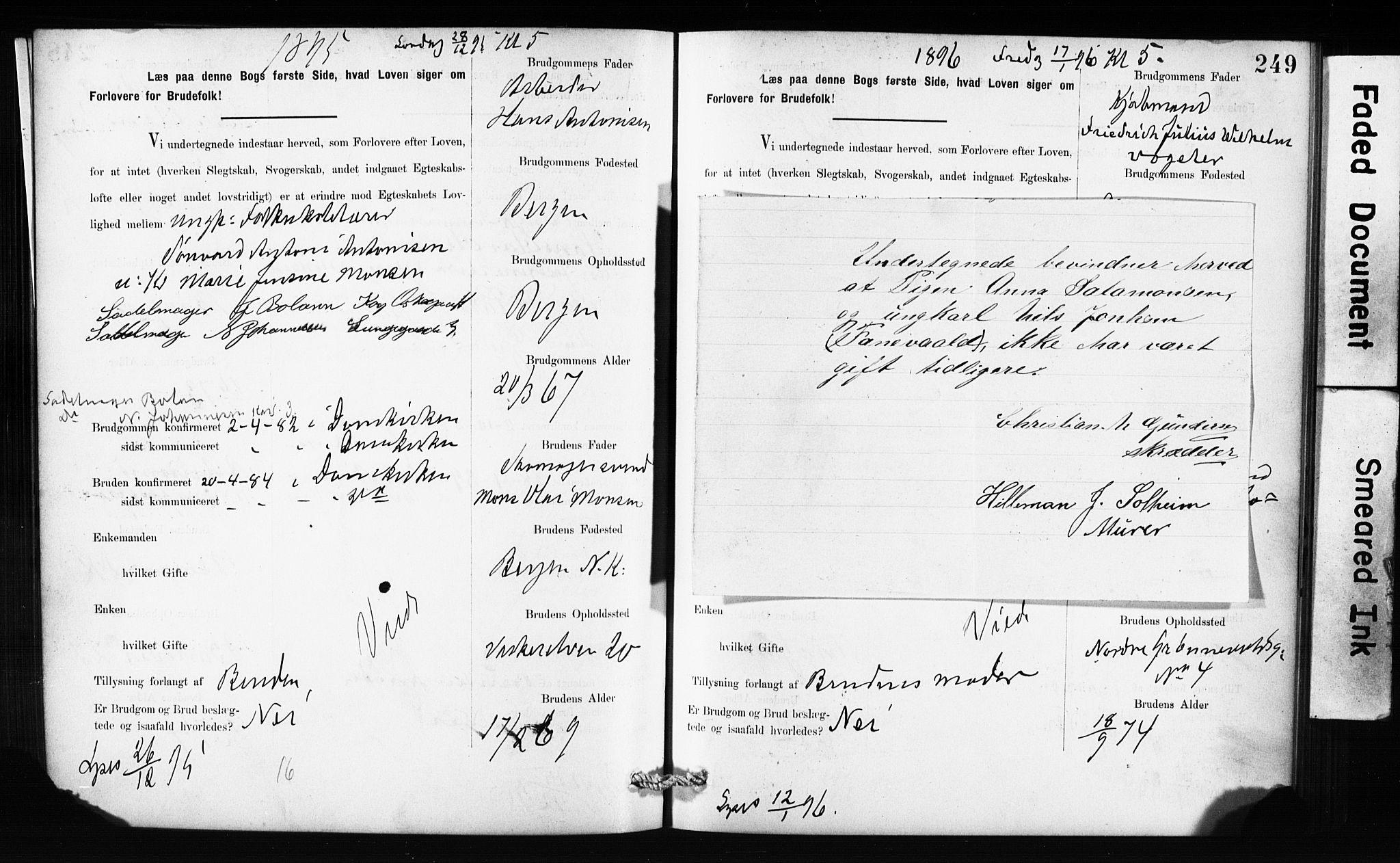 Domkirken sokneprestembete, SAB/A-74801: Forlovererklæringer nr. II.5.10, 1890-1899, s. 249